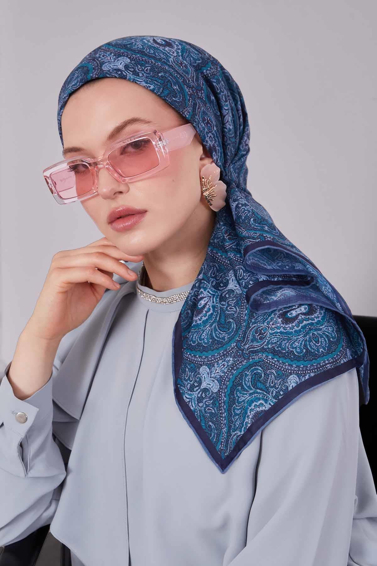 Fivescarf Mavi Çini Desen Silk Coton Eşarp