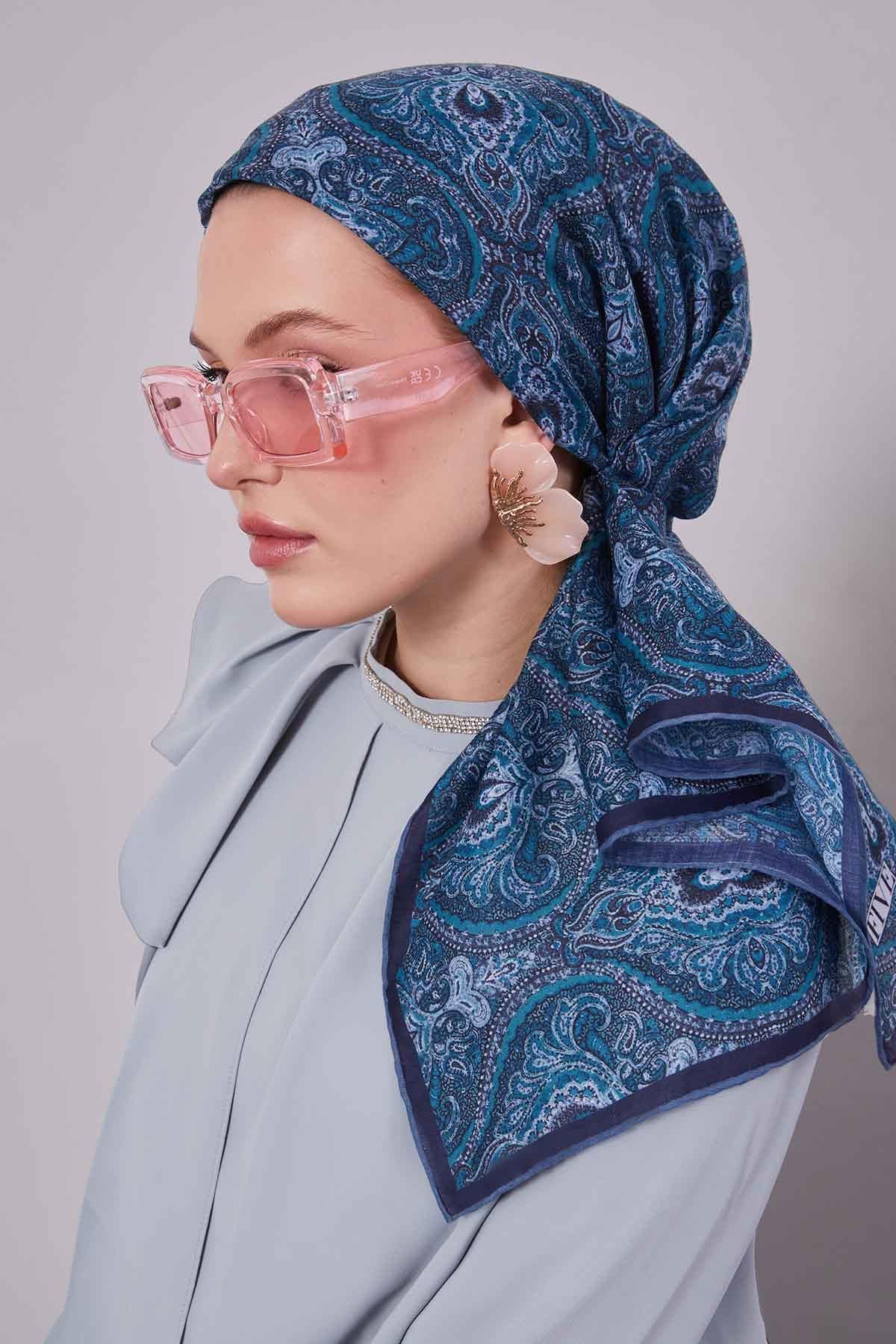 Fivescarf Mavi Çini Desen Silk Coton Eşarp