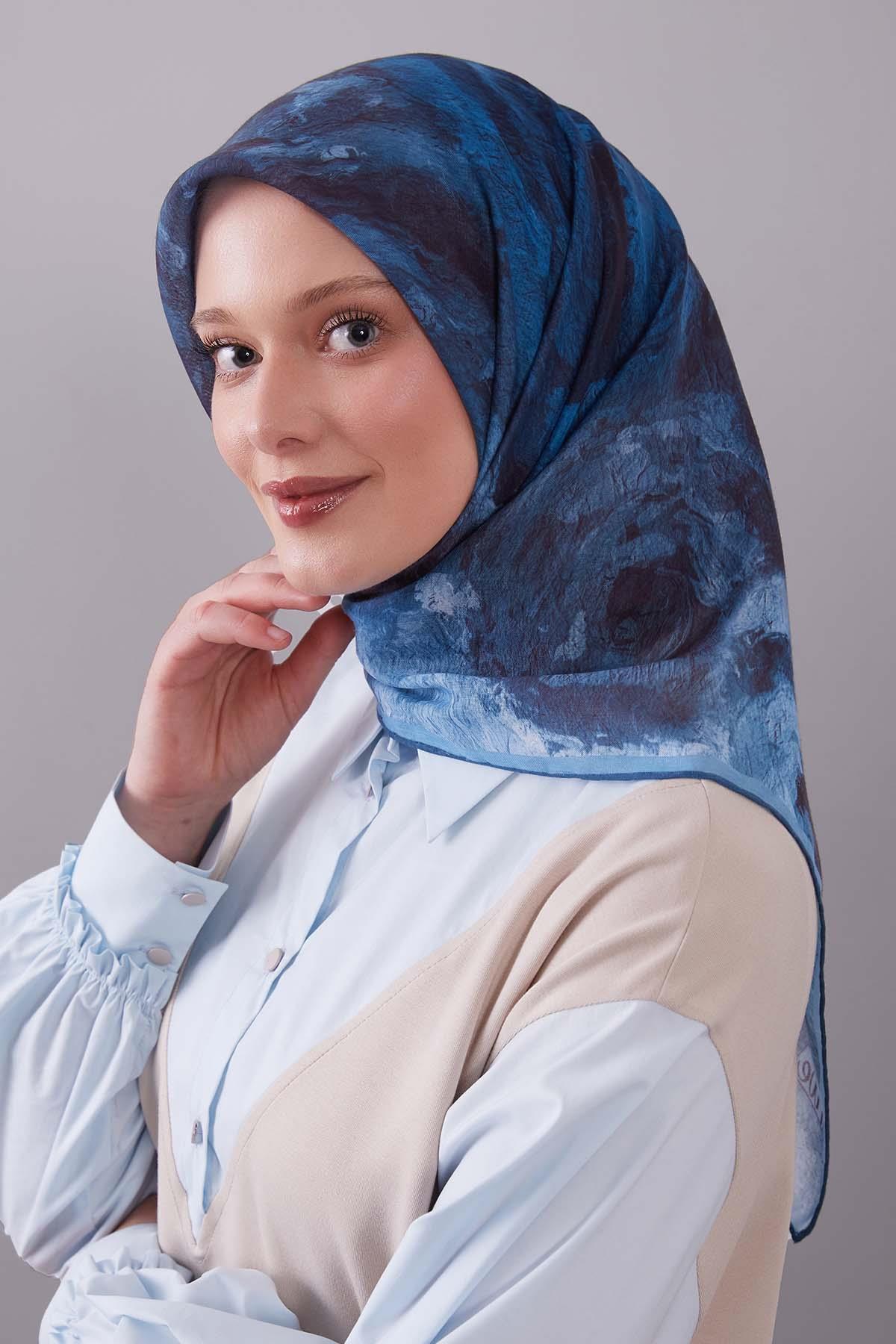 Fivescarf Mavi Dalga Desen Silk Coton Eşarp