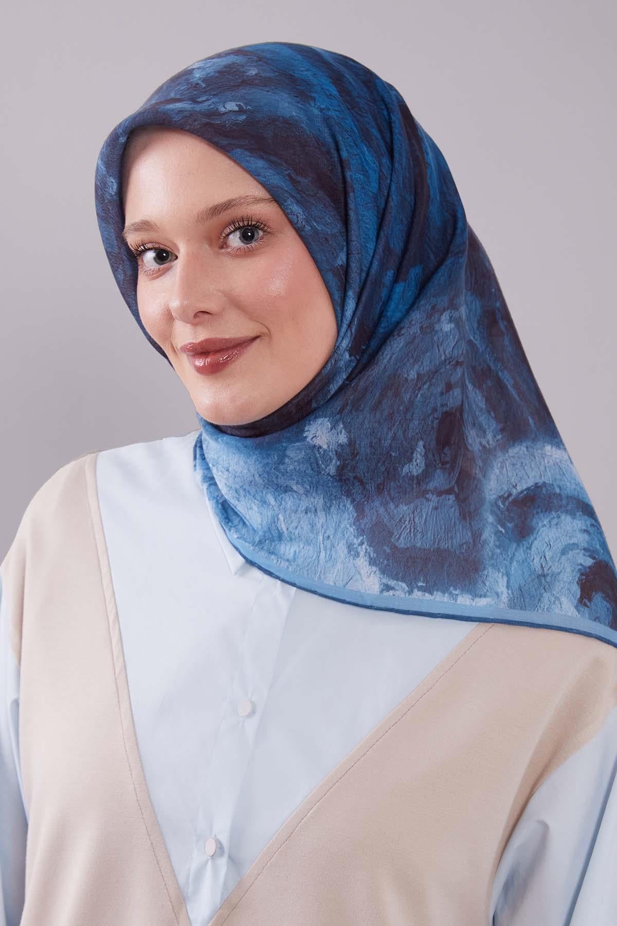 Fivescarf Mavi Dalga Desen Silk Coton Eşarp