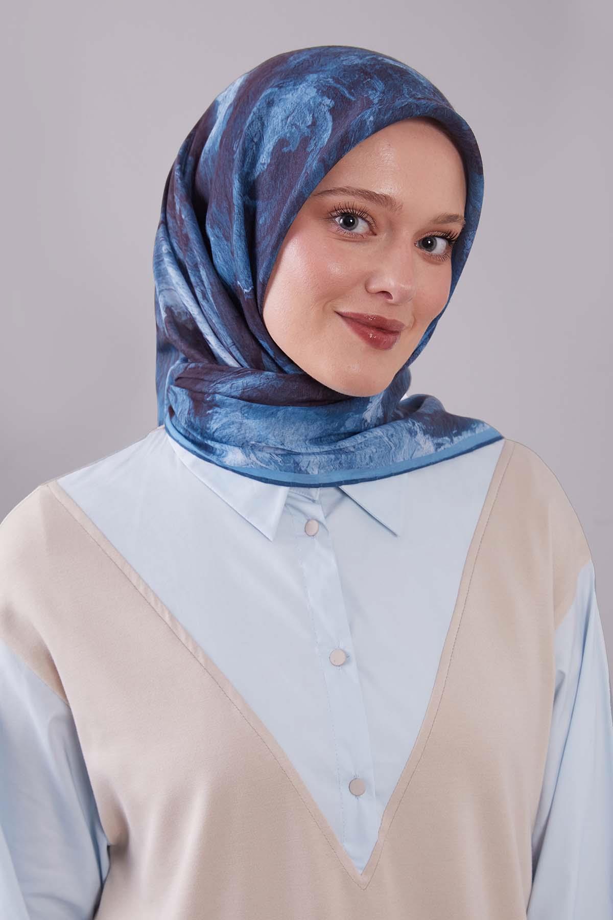 Fivescarf Mavi Dalga Desen Silk Coton Eşarp
