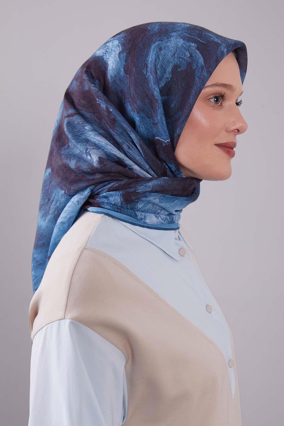 Fivescarf Mavi Dalga Desen Silk Coton Eşarp