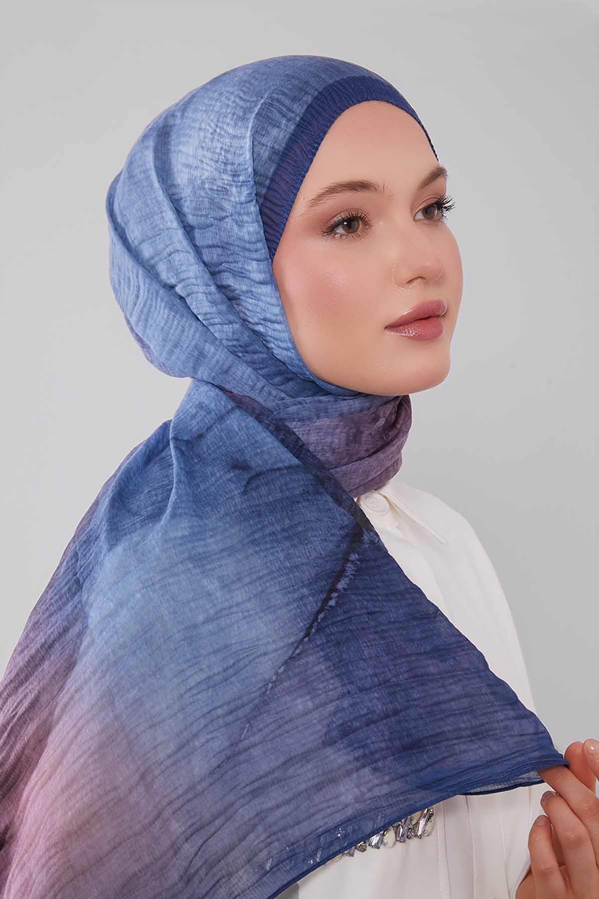 Fivescarf Mavi Geçişli Müslin Cotton Şal