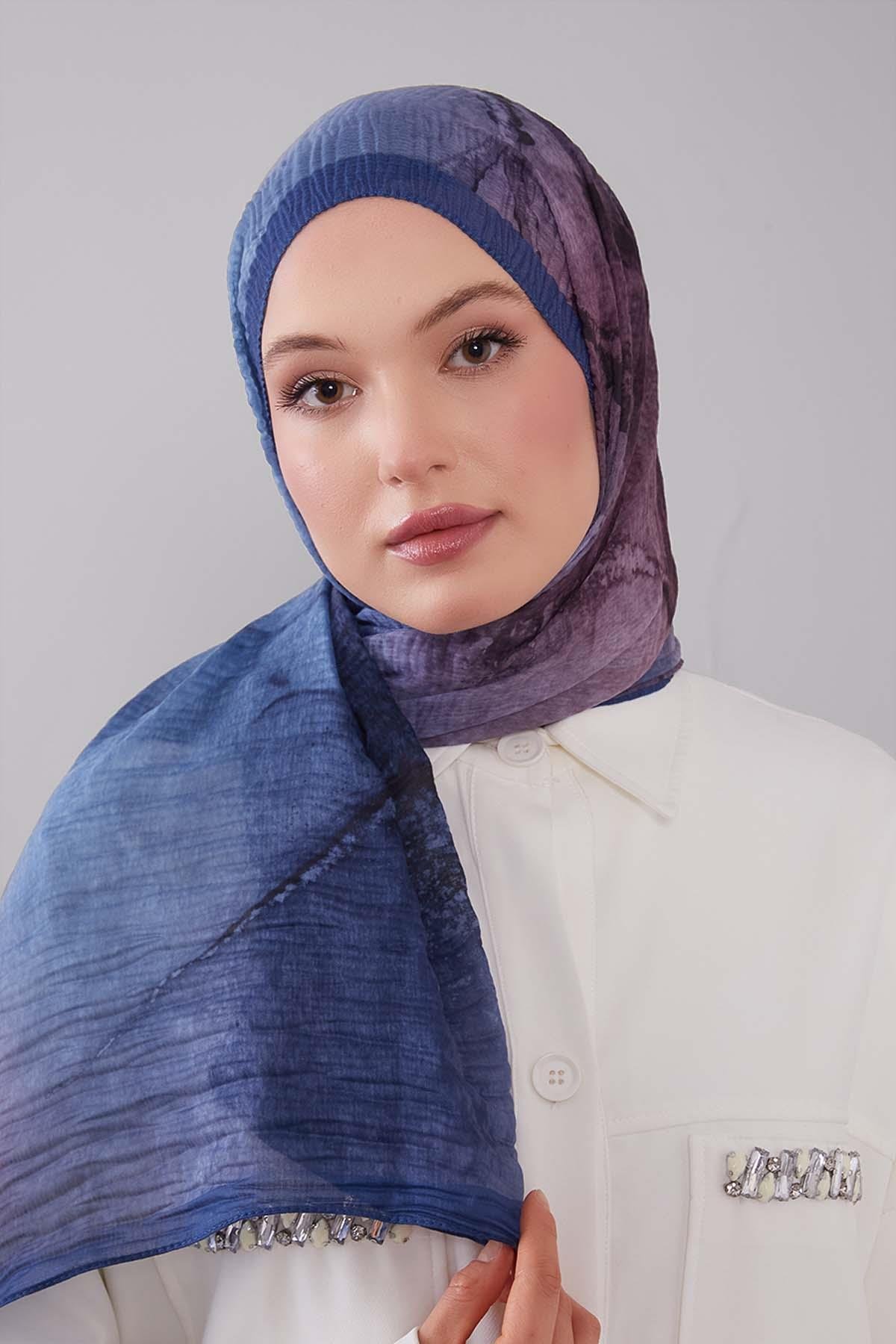 Fivescarf Mavi Geçişli Müslin Cotton Şal