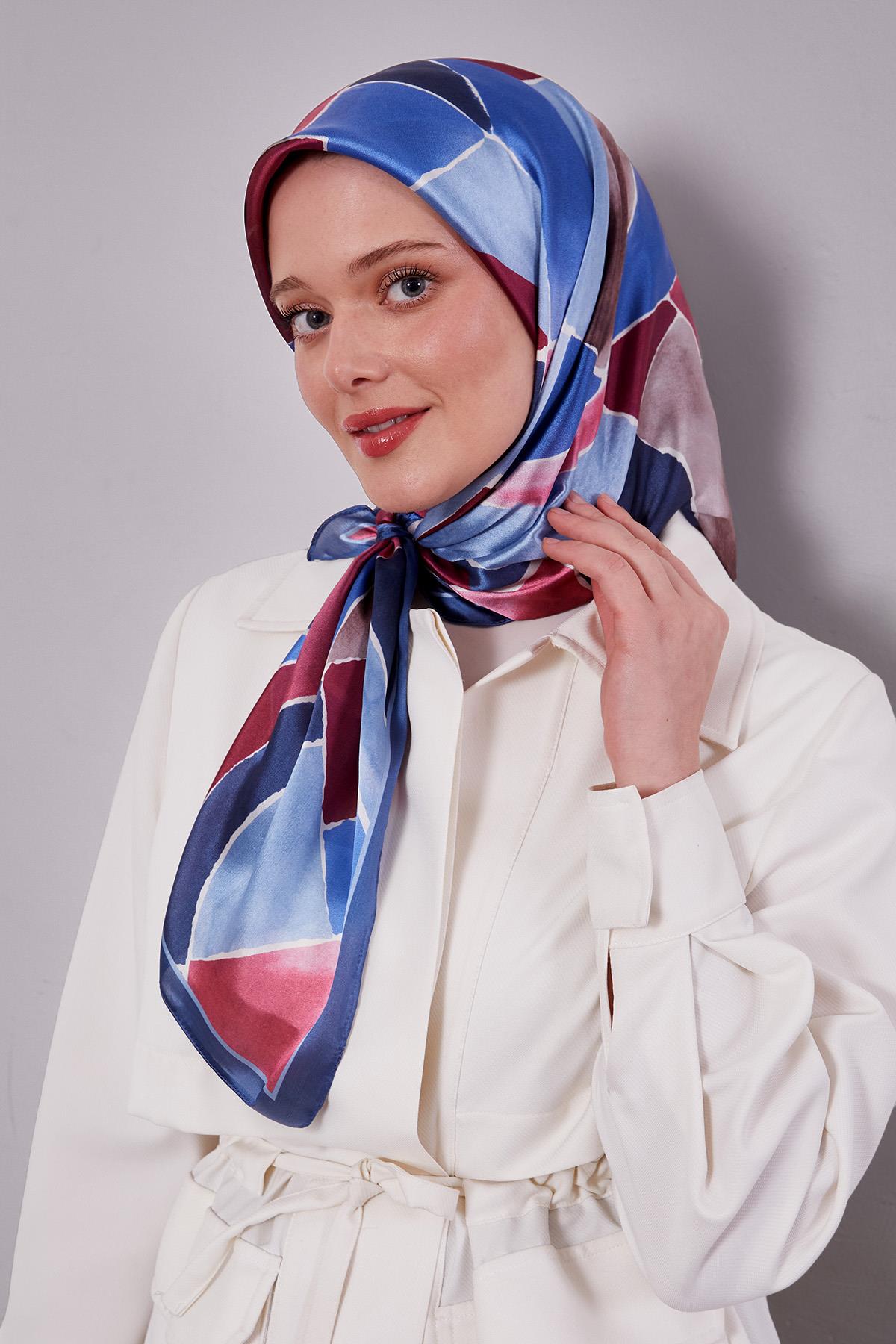 Fivescarf Mavi Geometrik Desen Kristal Eşarp