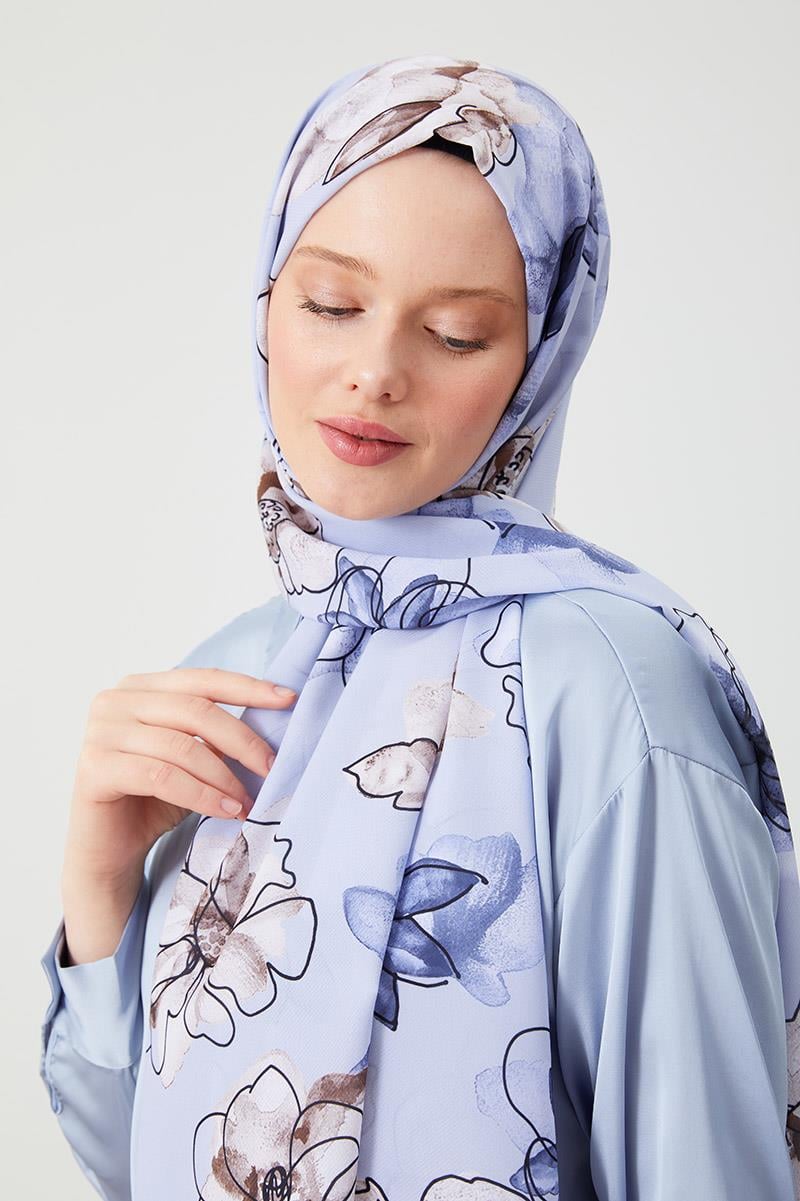 Fivescarf Mavi Gül Desen Violet Medine İpeği Şal