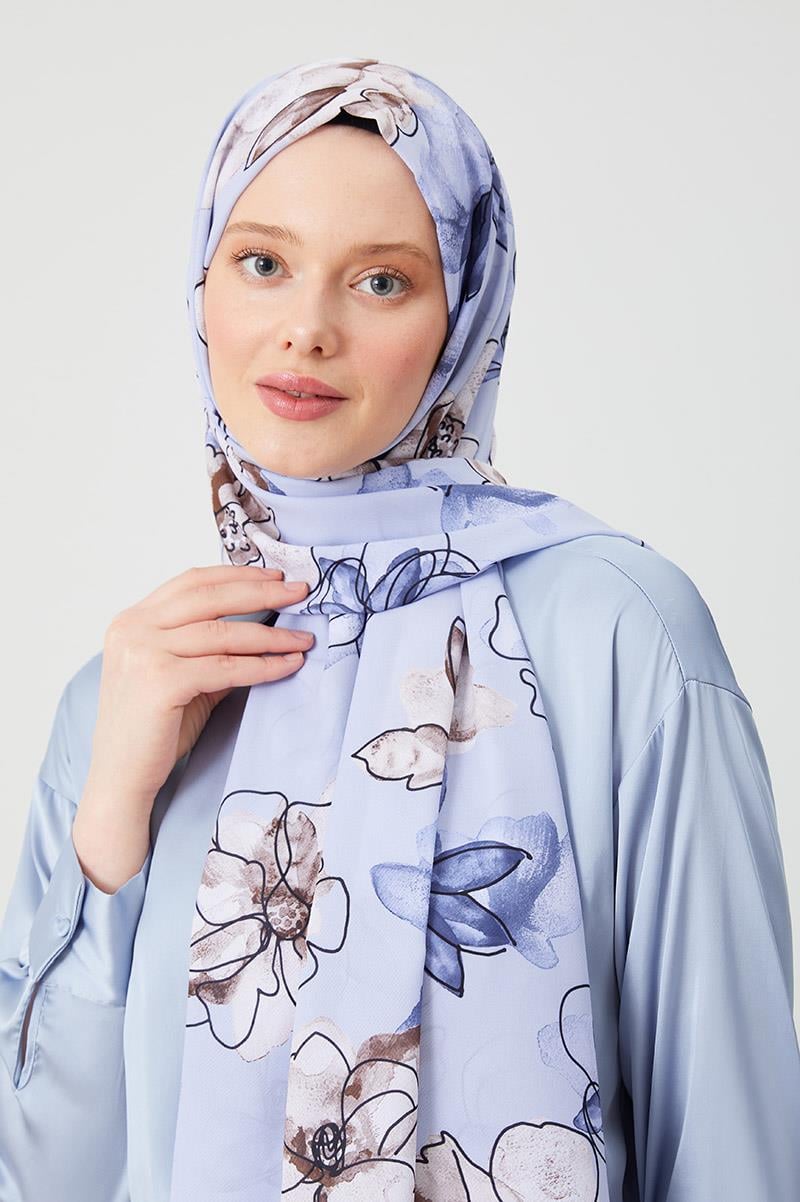 Fivescarf Mavi Gül Desen Violet Medine İpeği Şal