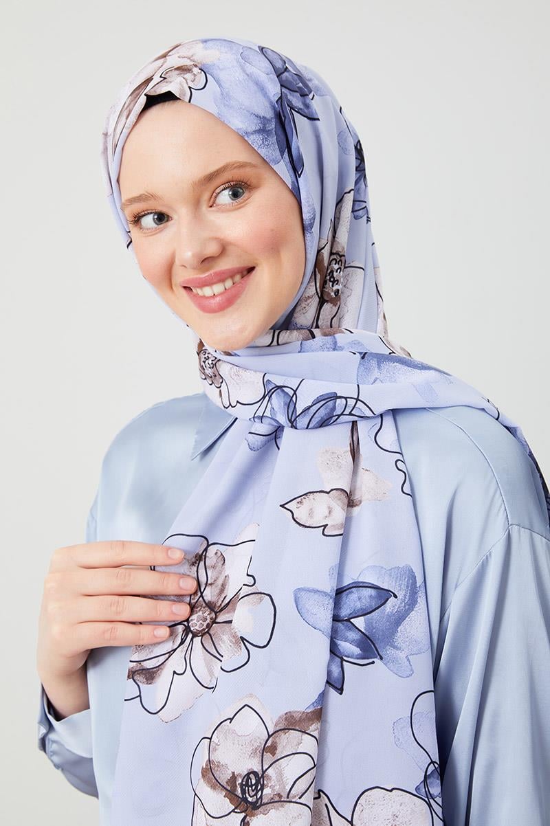 Fivescarf Mavi Gül Desen Violet Medine İpeği Şal