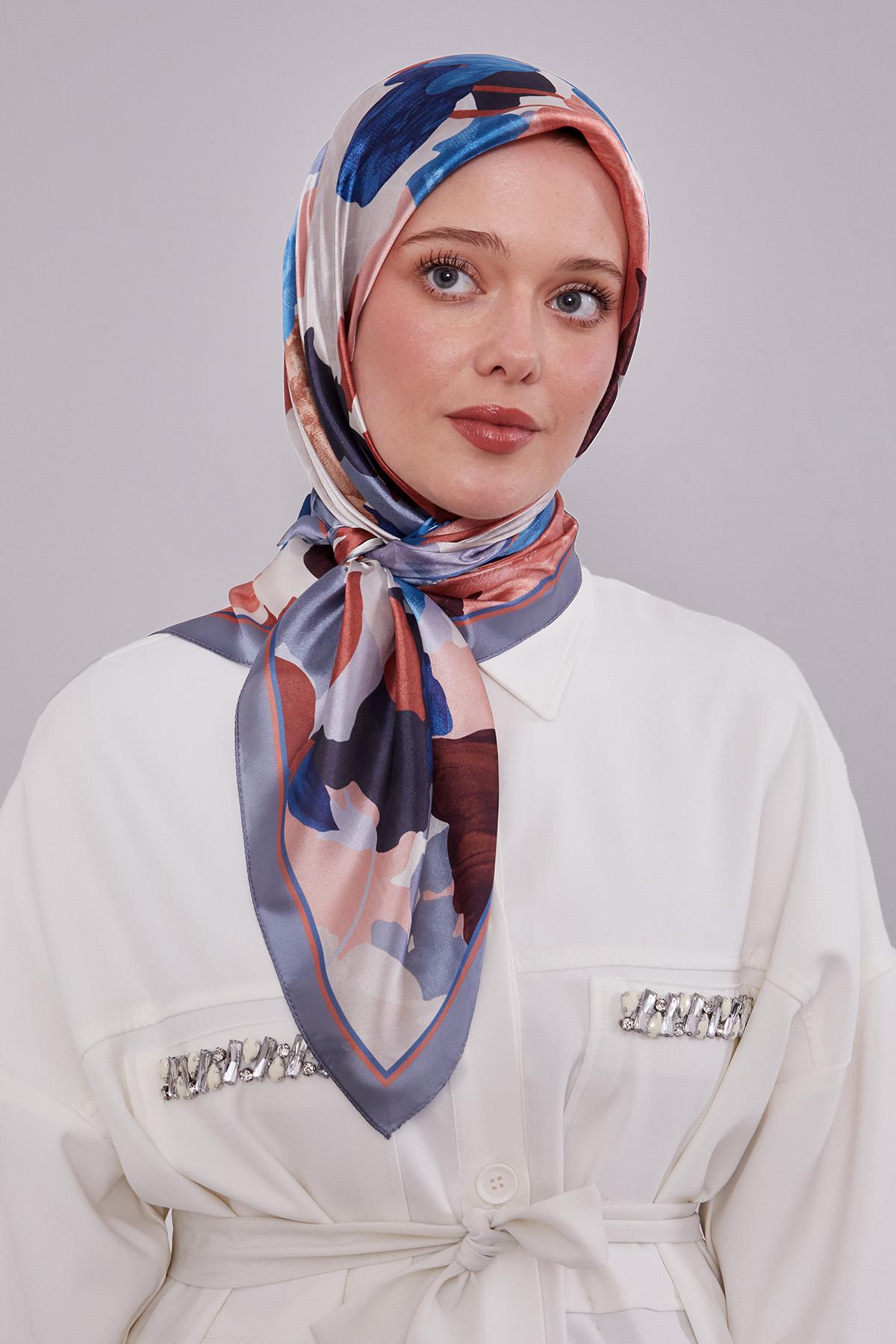 Fivescarf Mavi-İndigo Gül Desen Kristal Eşarp