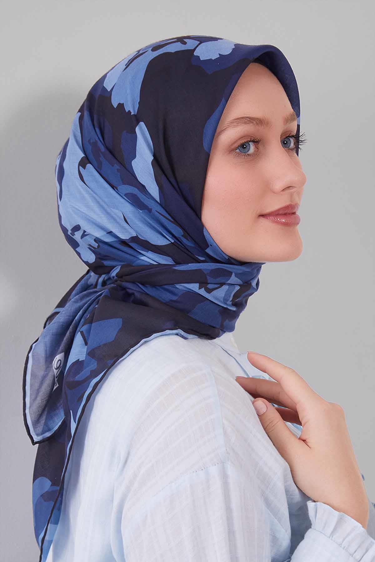 Fivescarf Mavi Karışık Desen Silk Coton Eşarp