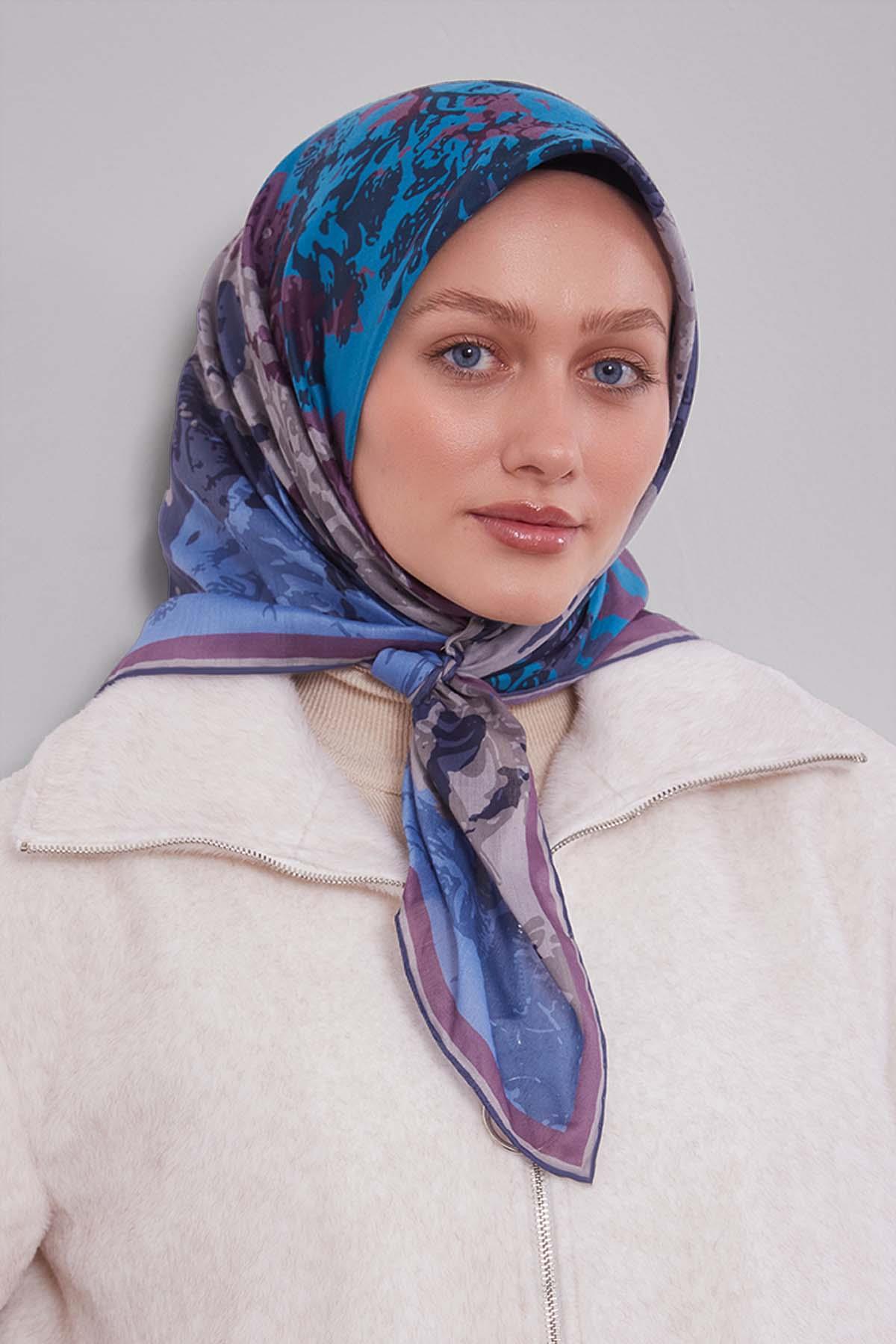 Fivescarf Mavi Karışık Desen Silk Coton Eşarp