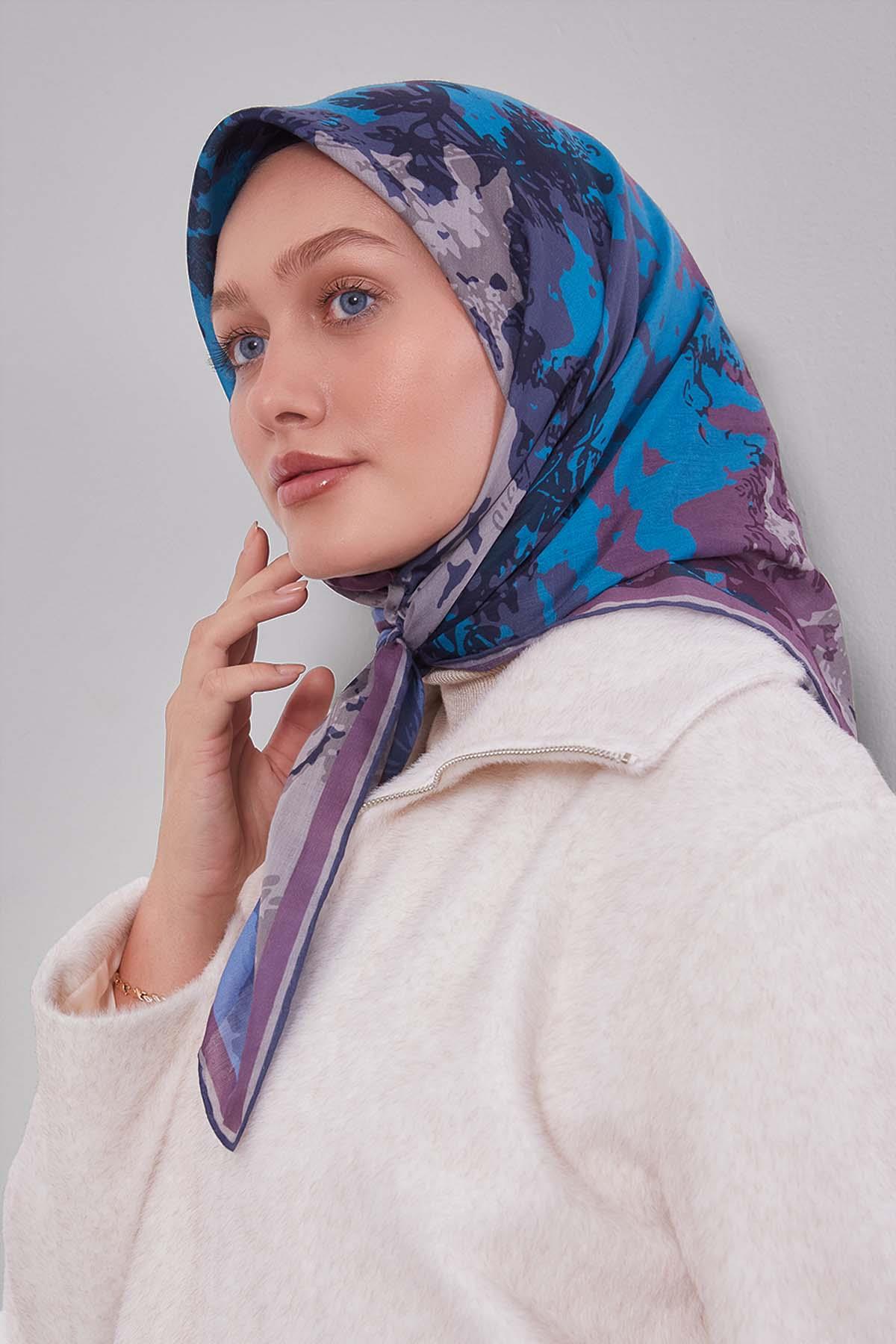 Fivescarf Mavi Karışık Desen Silk Coton Eşarp