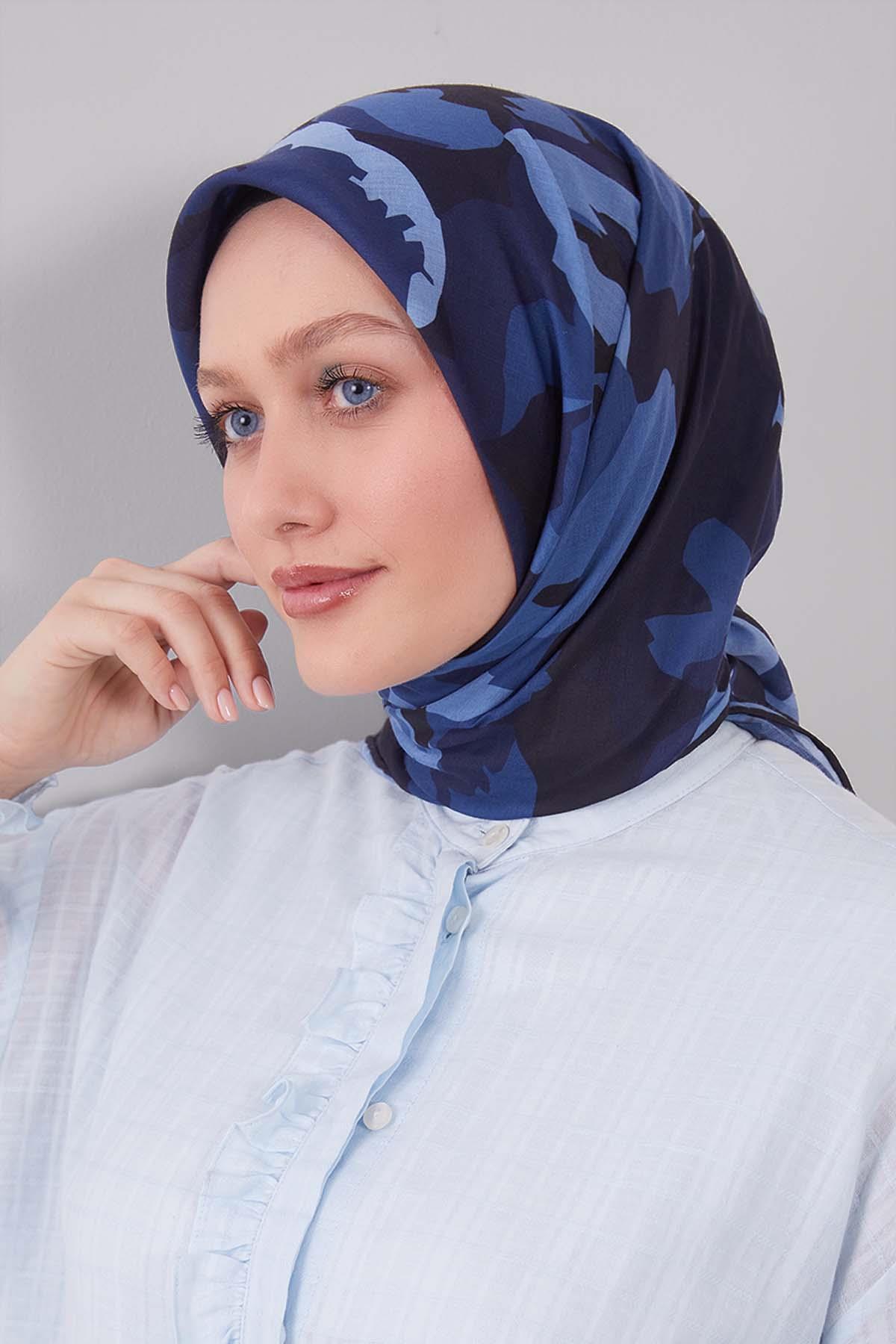 Fivescarf Mavi Karışık Desen Silk Coton Eşarp