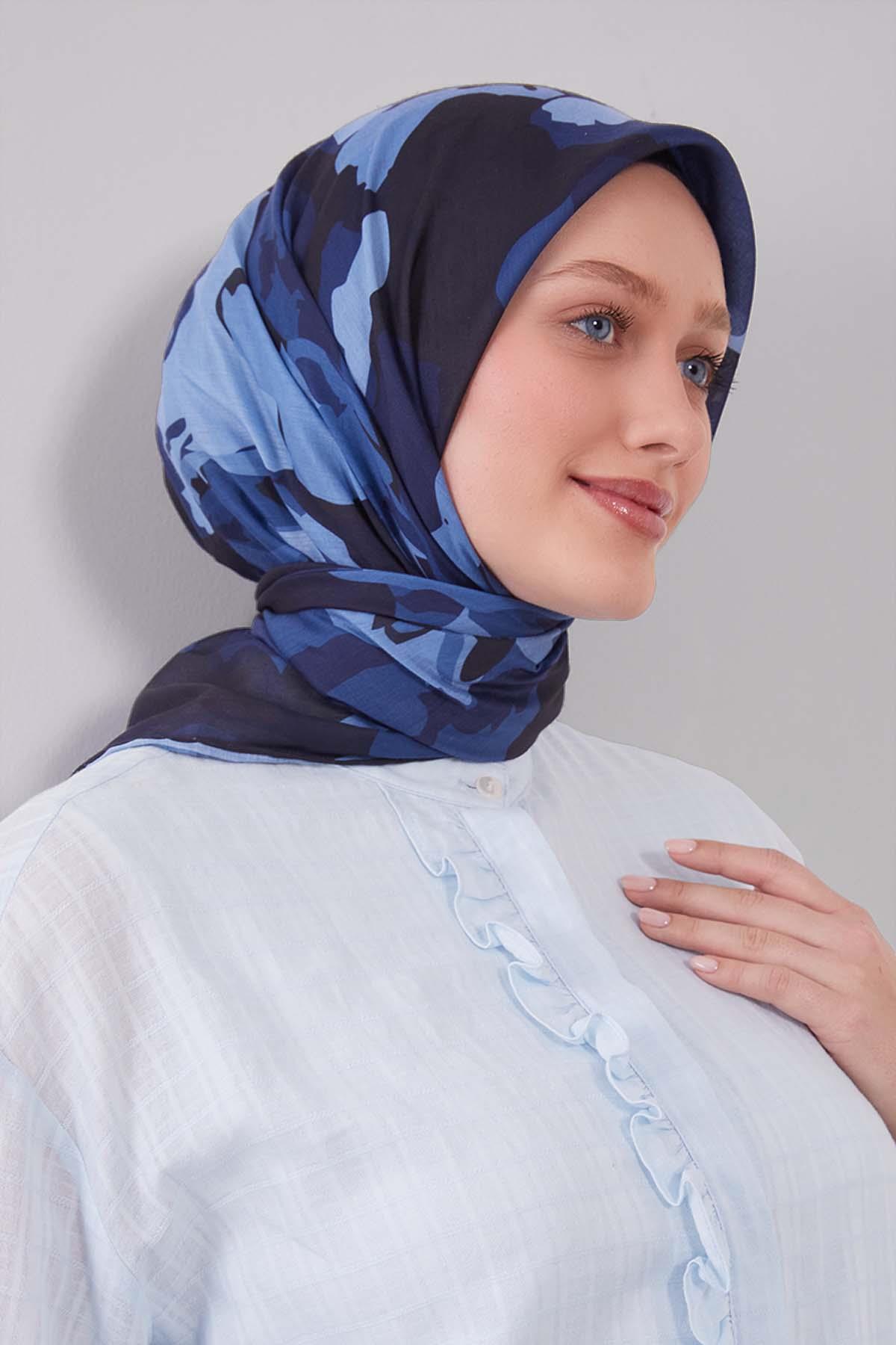 Fivescarf Mavi Karışık Desen Silk Coton Eşarp