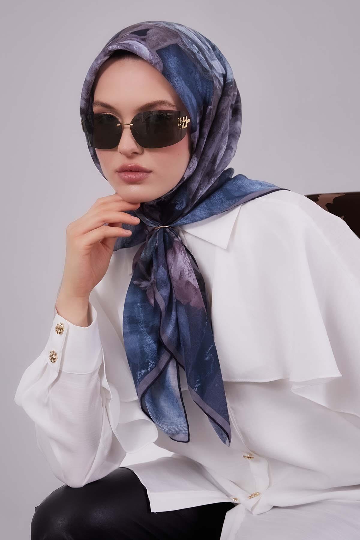 Fivescarf Mavi Lale Desen Silk Coton Eşarp