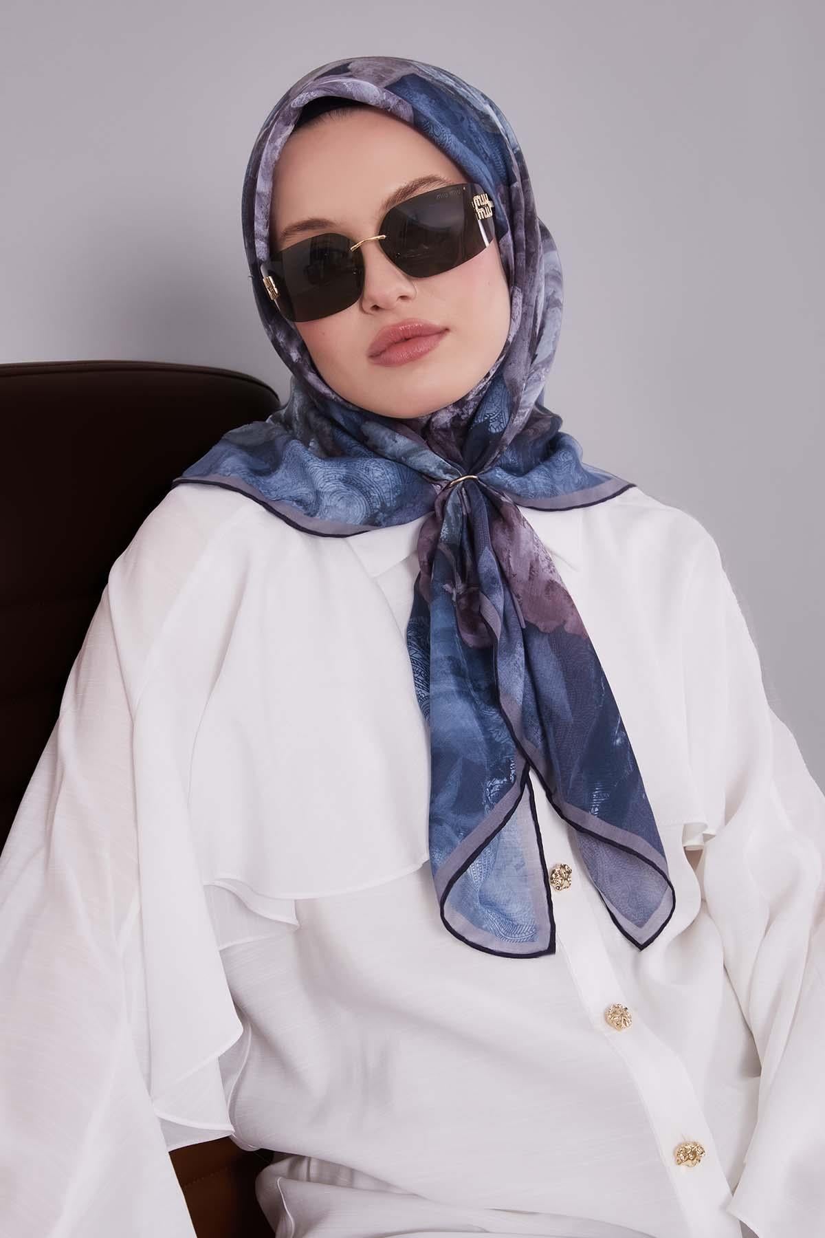 Fivescarf Mavi Lale Desen Silk Coton Eşarp
