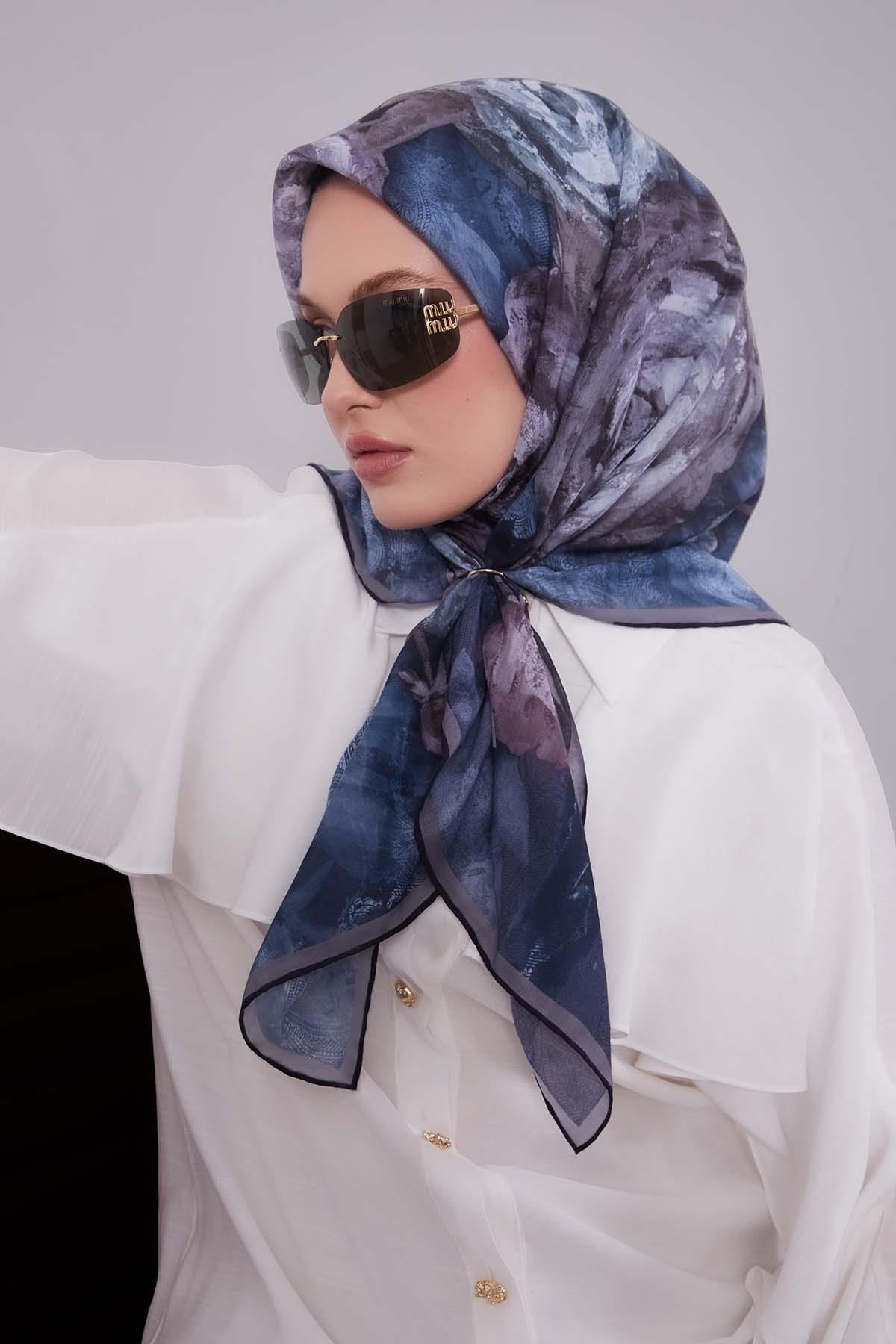 Fivescarf Mavi Lale Desen Silk Coton Eşarp