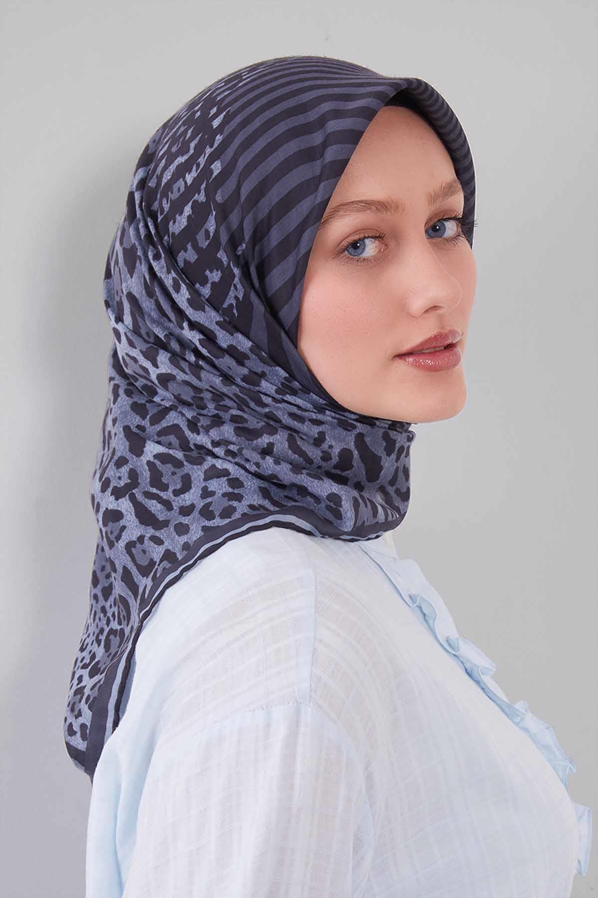 Fivescarf Mavi Leopar Desen Silk Coton Eşarp