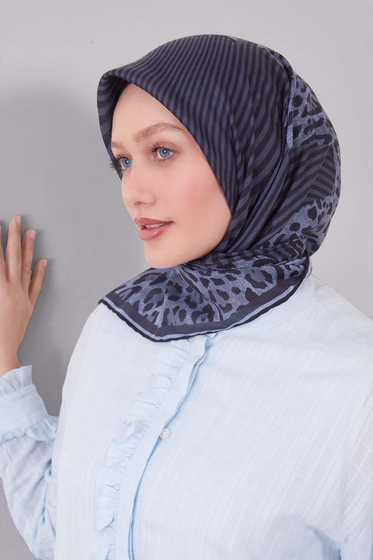 Fivescarf Mavi Leopar Desen Silk Coton Eşarp