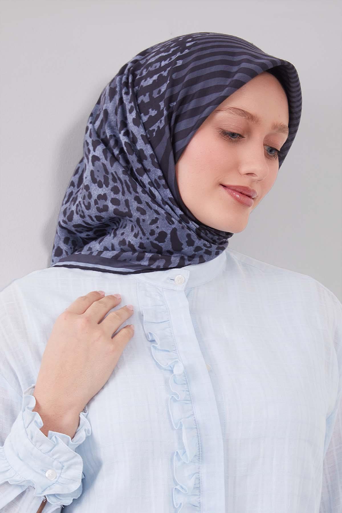 Fivescarf Mavi Leopar Desen Silk Coton Eşarp