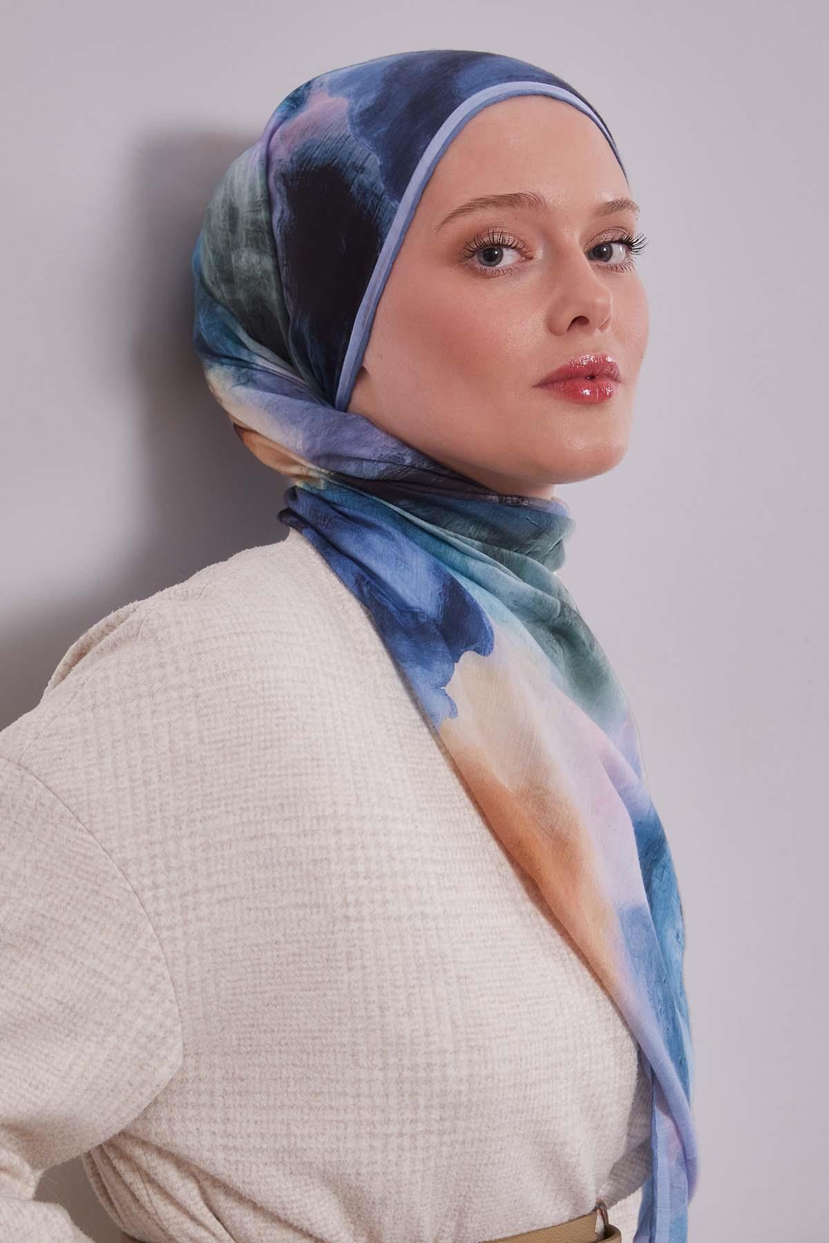 Fivescarf Mavi Lotus Çiçeği Silk Coton Eşarp