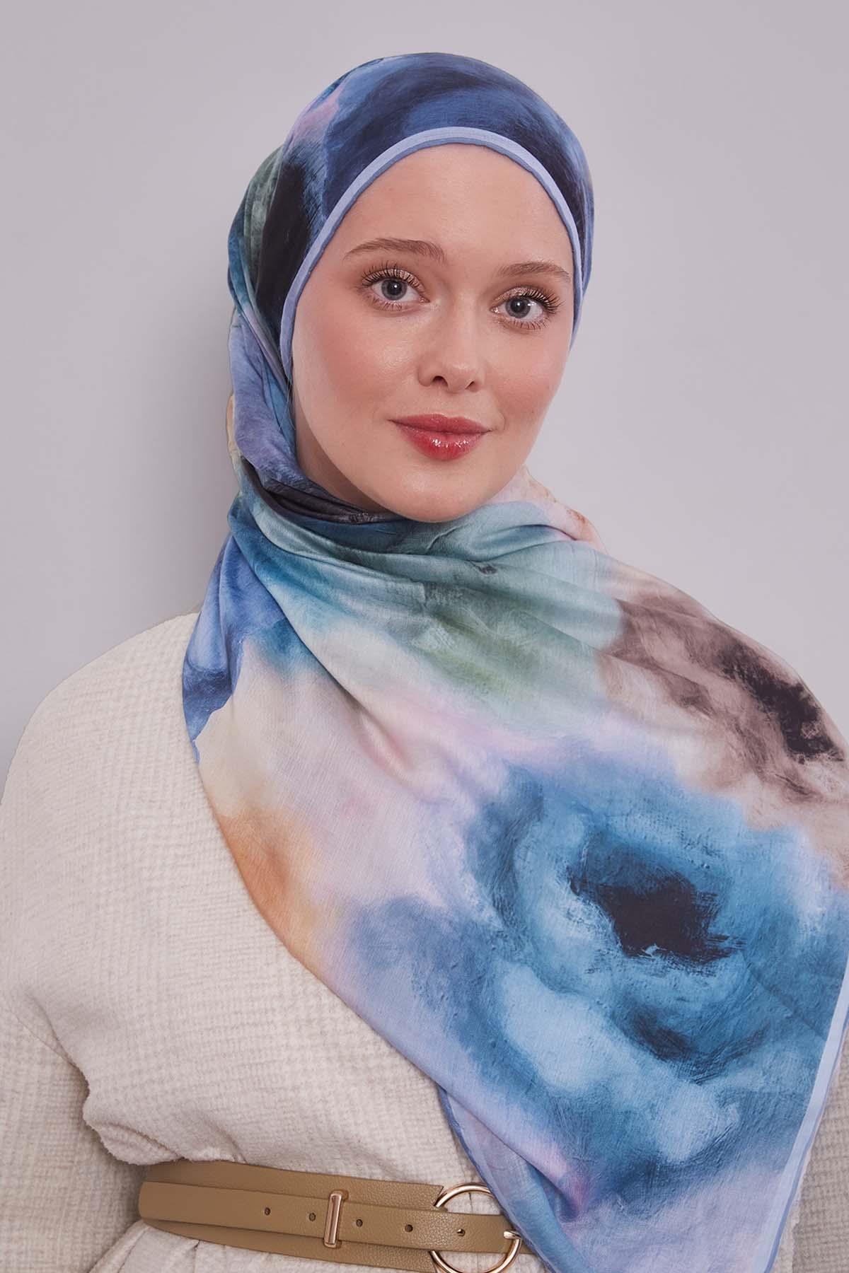 Fivescarf Mavi Lotus Çiçeği Silk Coton Eşarp
