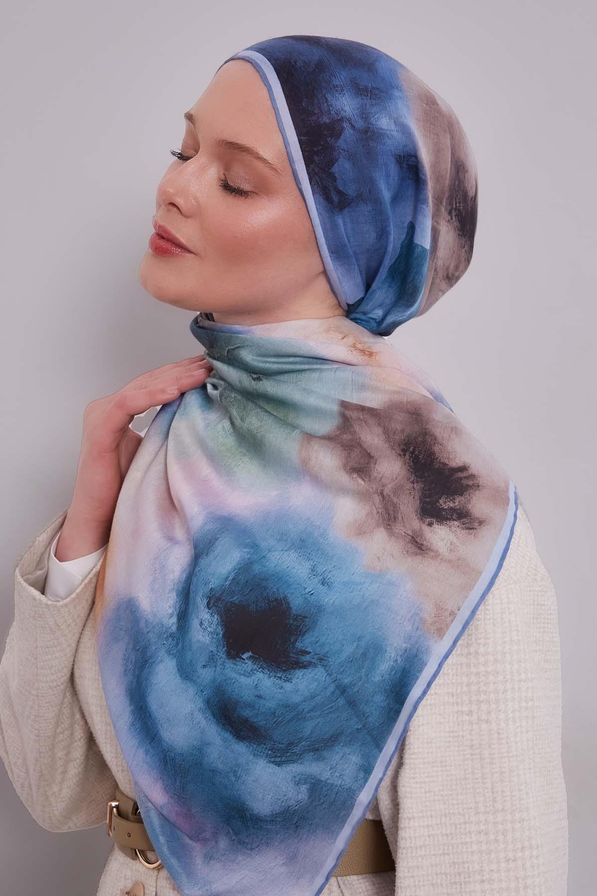 Fivescarf Mavi Lotus Çiçeği Silk Coton Eşarp
