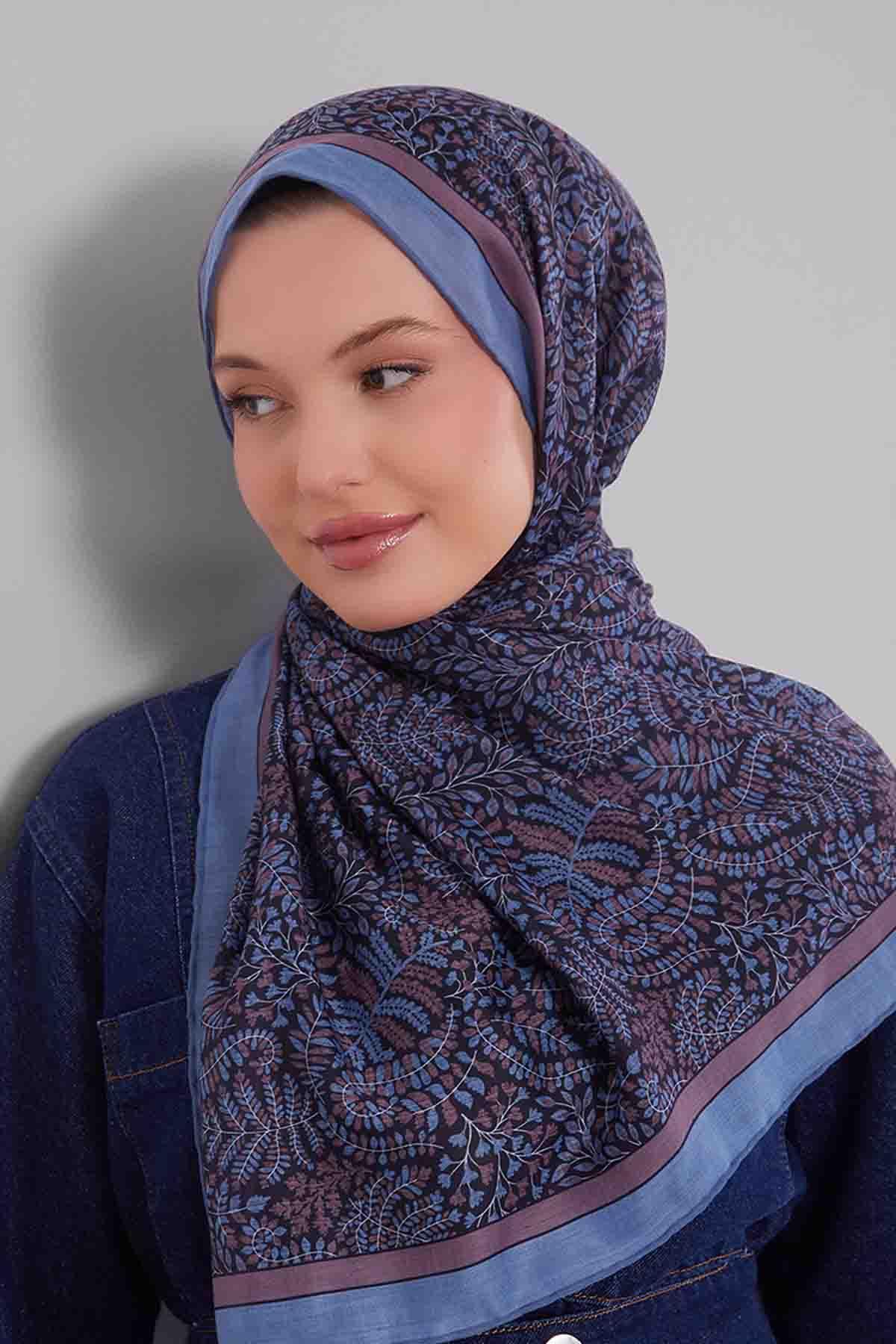 Fivescarf Mavi Mini Yaprak Desen Silk Coton Eşarp