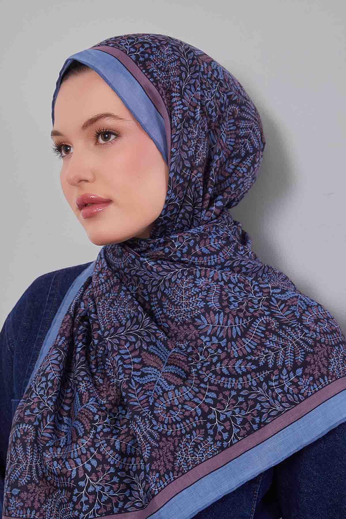 Fivescarf Mavi Mini Yaprak Desen Silk Coton Eşarp