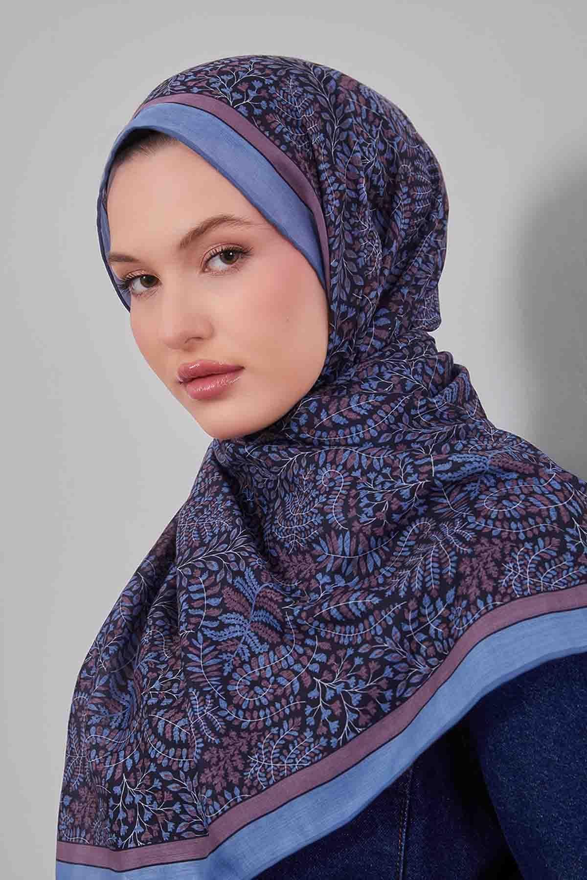 Fivescarf Mavi Mini Yaprak Desen Silk Coton Eşarp