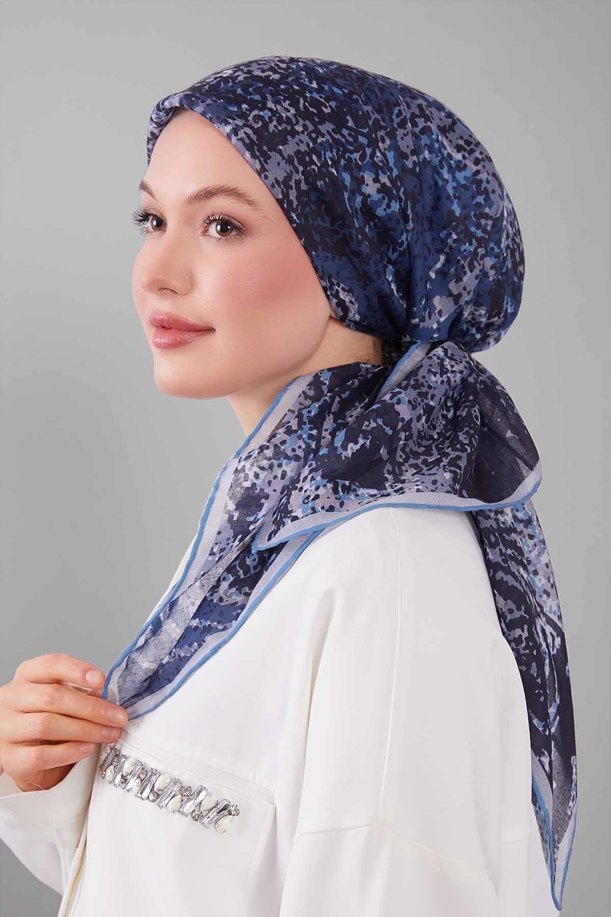 Fivescarf Mavi Mozaik Desen Silk Coton Eşarp