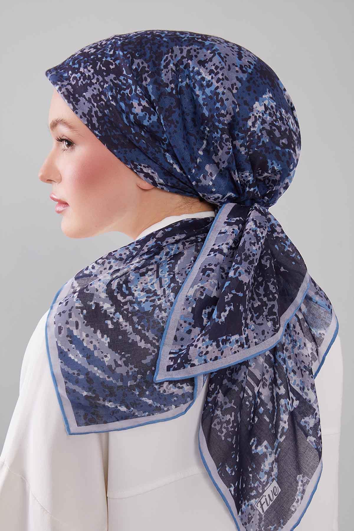 Fivescarf Mavi Mozaik Desen Silk Coton Eşarp