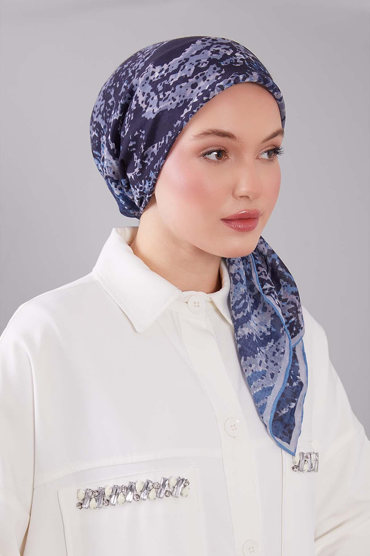 Fivescarf Mavi Mozaik Desen Silk Coton Eşarp