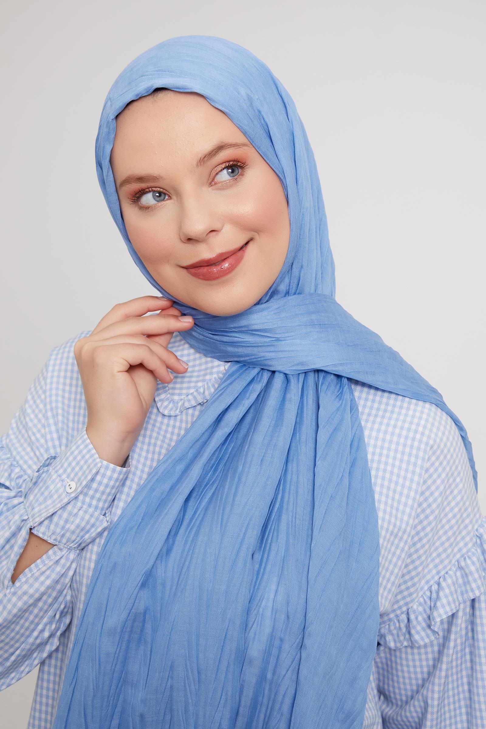 Fivescarf Mavi Pliseli Pamuklu Şal