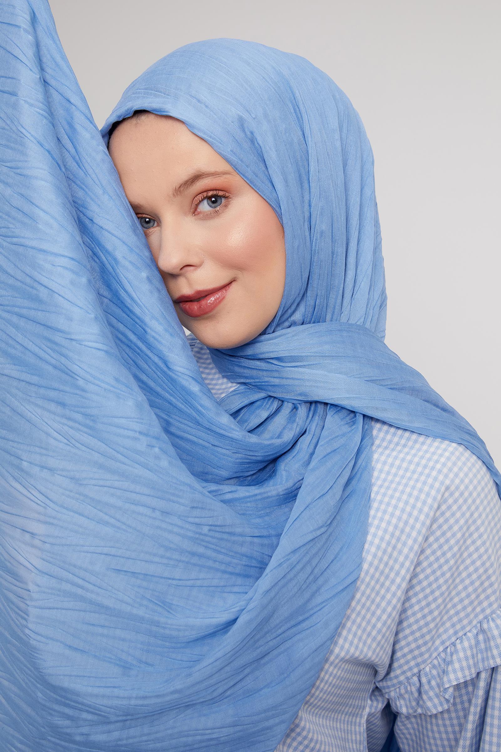 Fivescarf Mavi Pliseli Pamuklu Şal