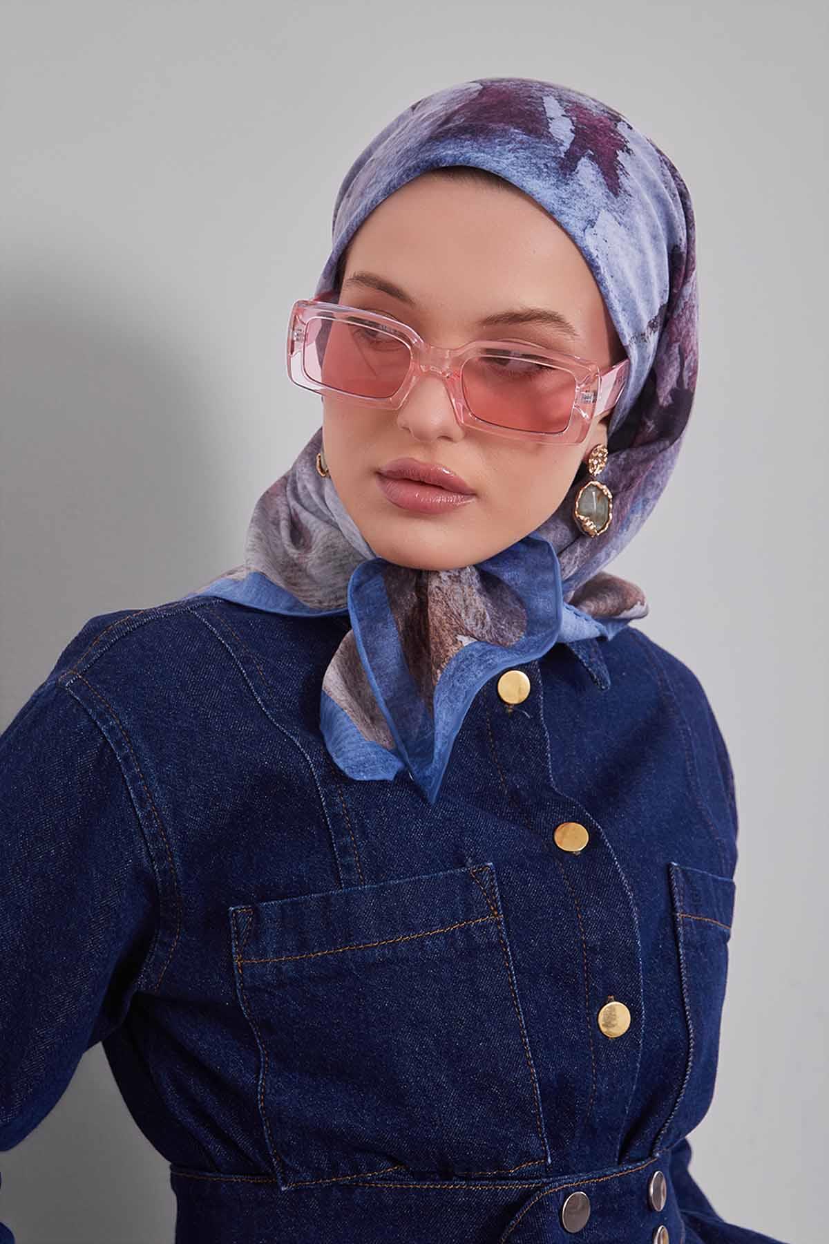 Fivescarf Mavi Soyut Desen Silk Coton Eşarp
