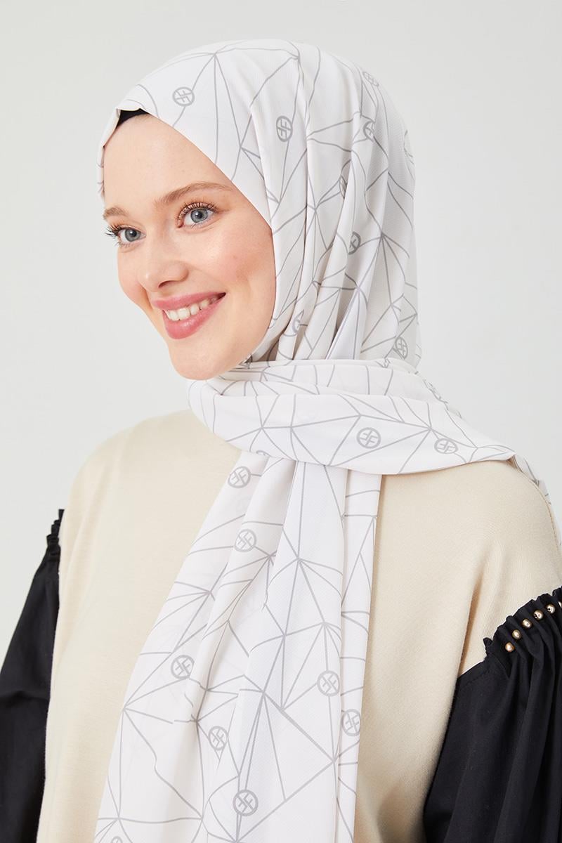 Fivescarf Melanj Gri Geometrik Desen Violet Medine İpeği Şal