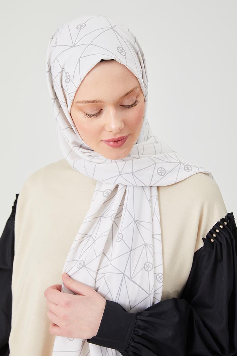 Fivescarf Melanj Gri Geometrik Desen Violet Medine İpeği Şal