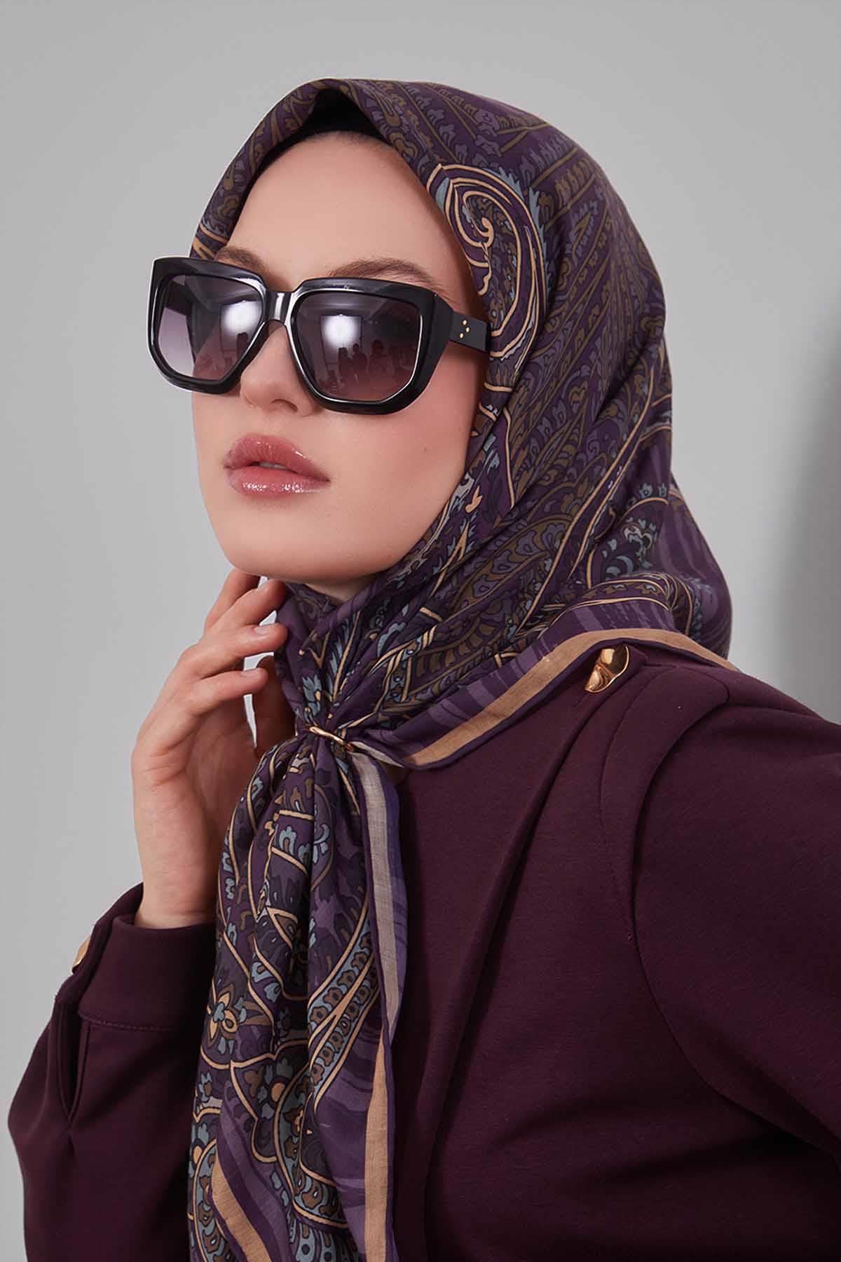 Fivescarf Menekşe Ebruli Desen Silk Coton Eşarp