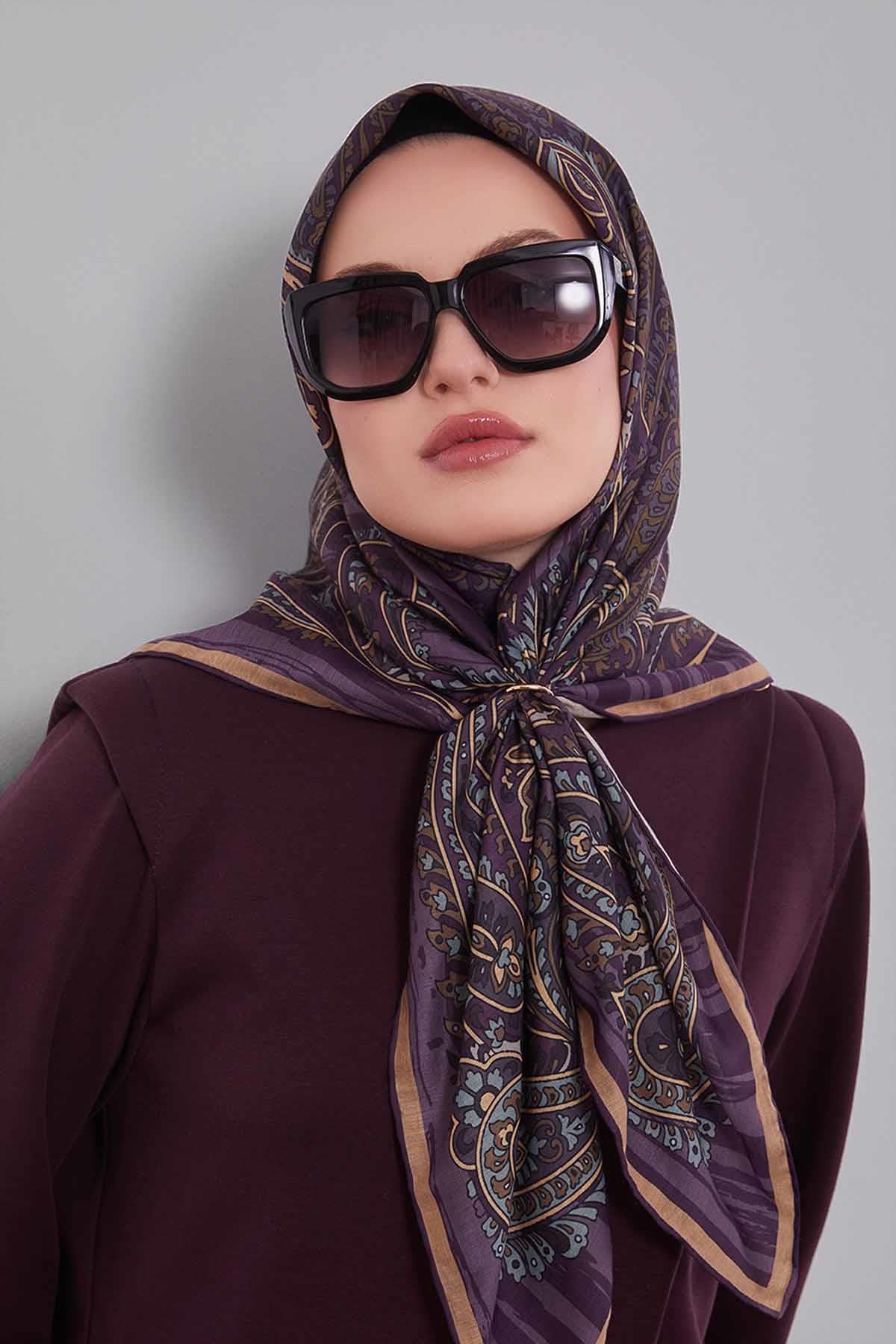 Fivescarf Menekşe Ebruli Desen Silk Coton Eşarp