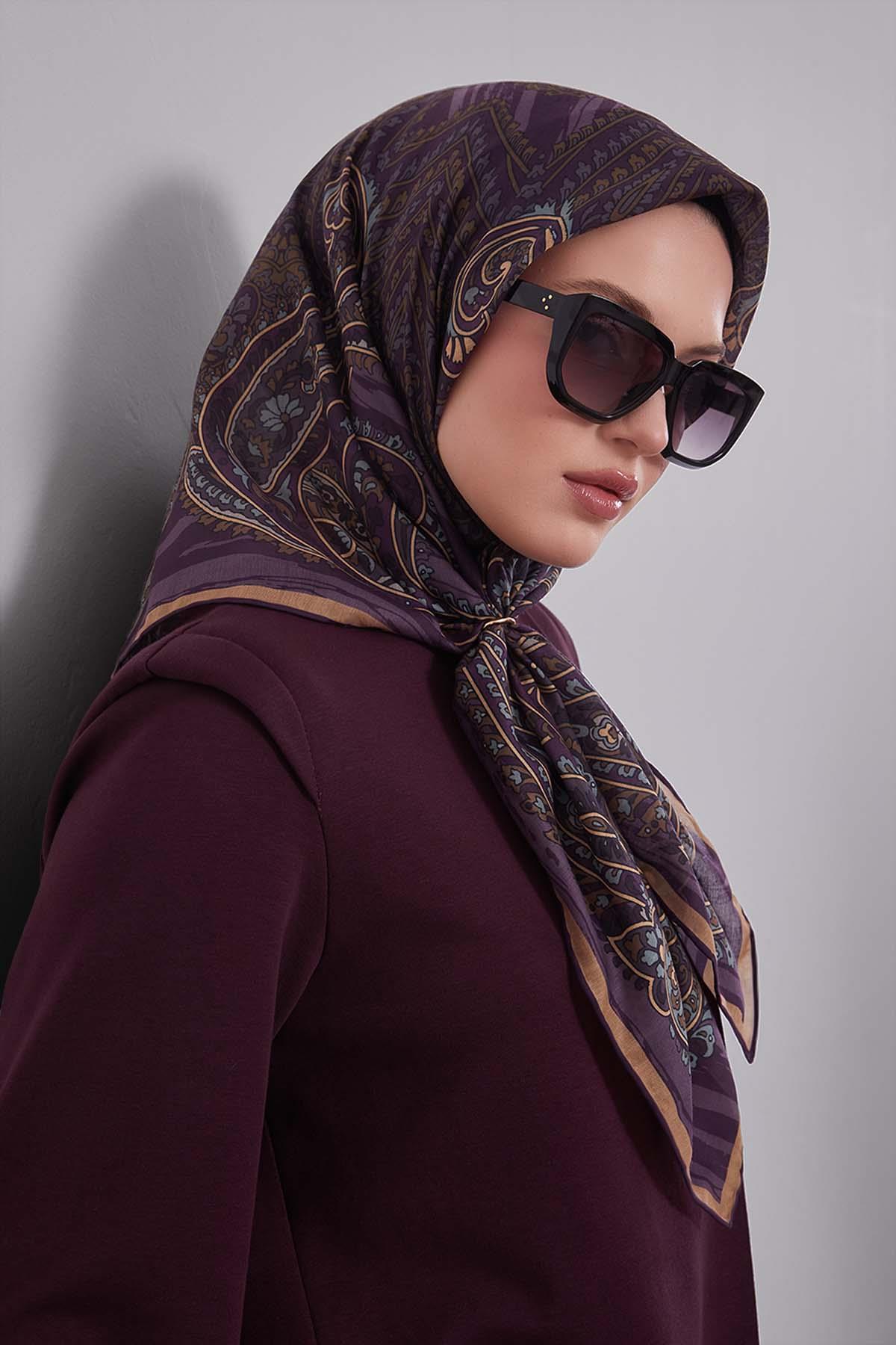 Fivescarf Menekşe Ebruli Desen Silk Coton Eşarp