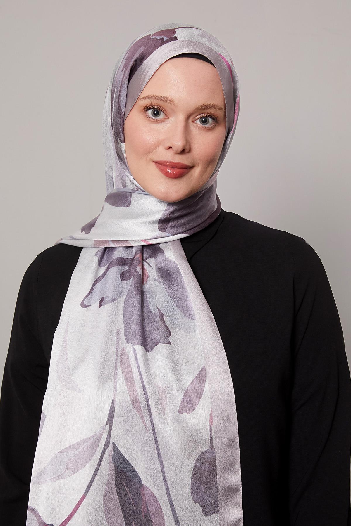 Fivescarf Menekşe Somut Çiçek Desenli Vual İpek Şal