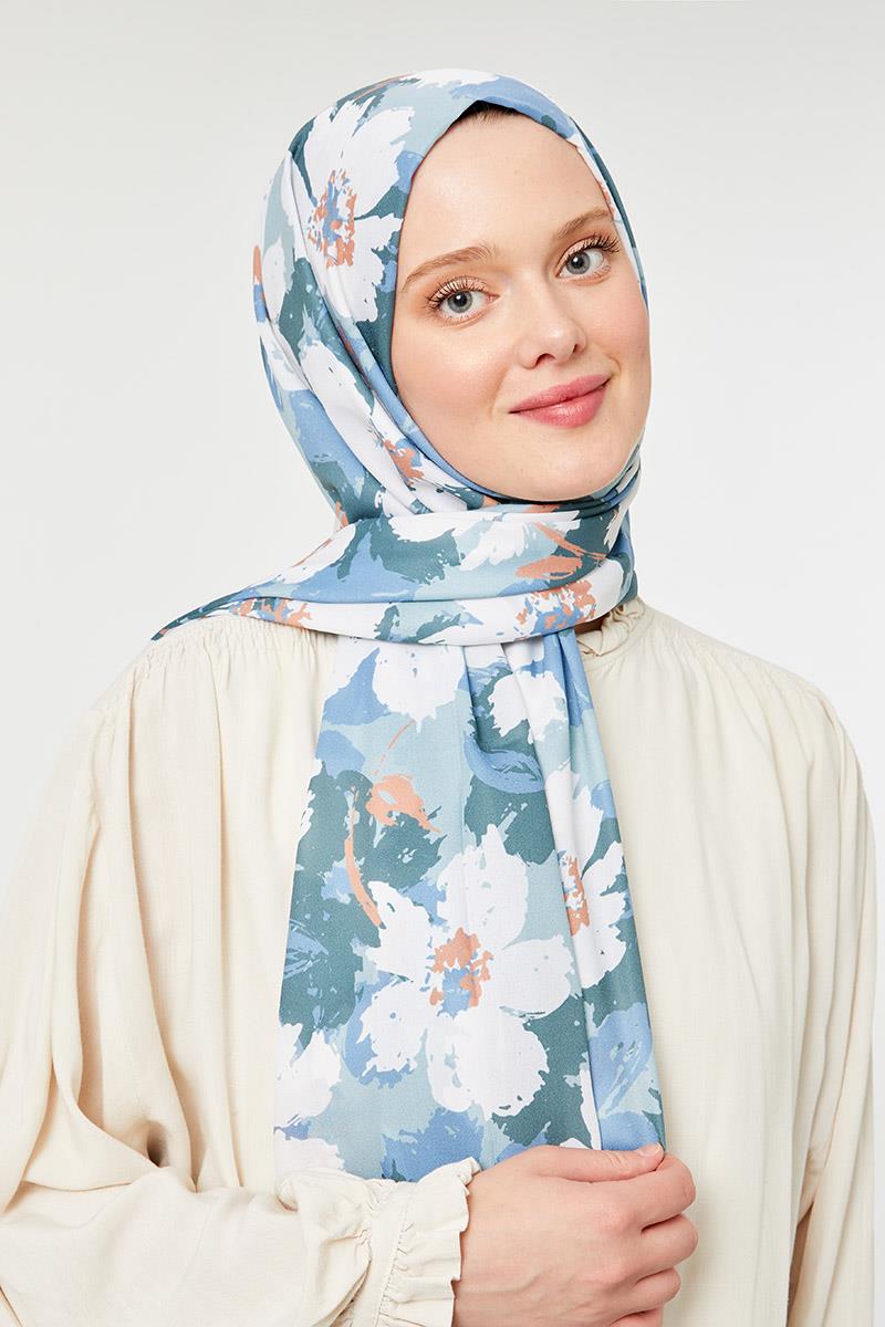 Fivescarf Mint Yeşili Büyük Çiçek Desenli Mono Şal
