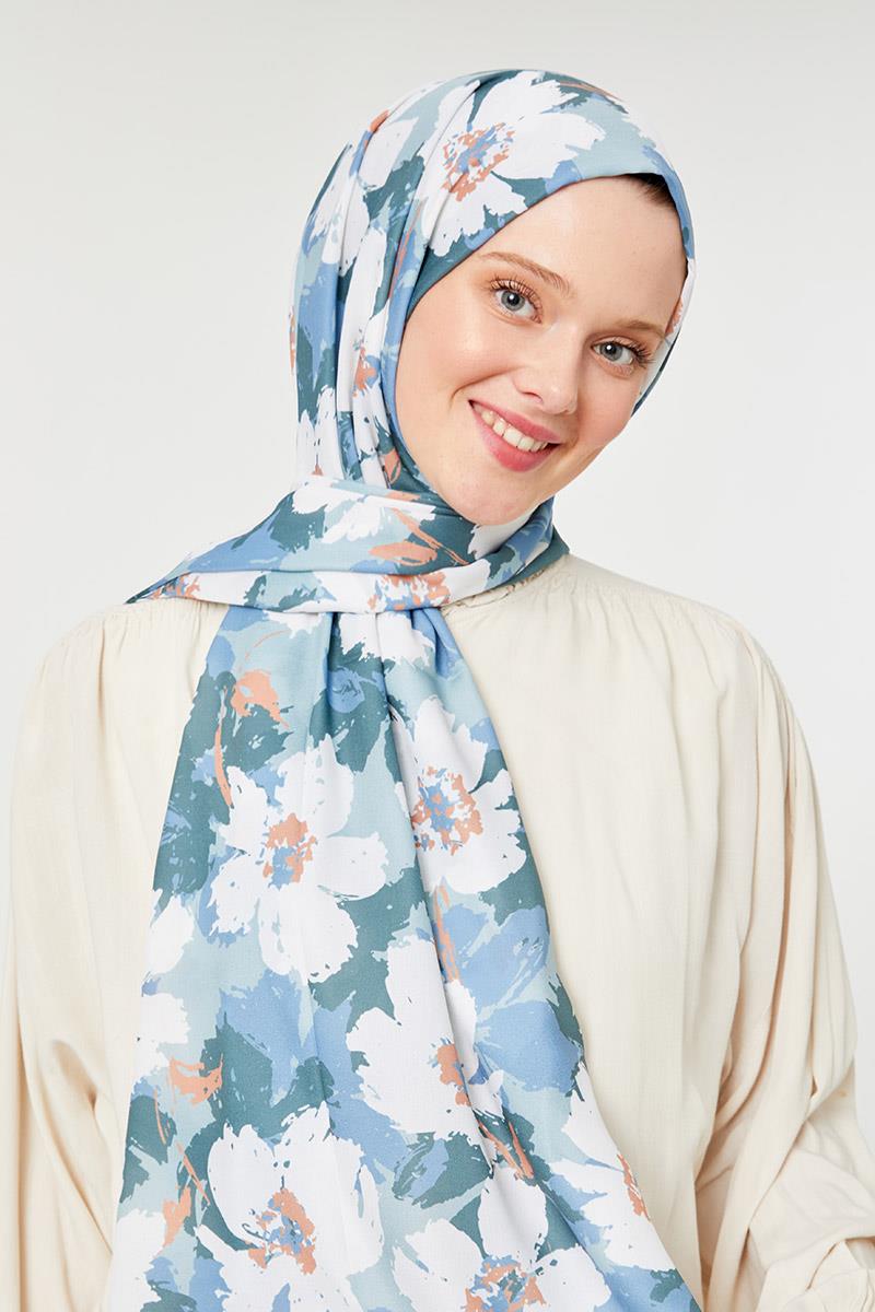 Fivescarf Mint Yeşili Büyük Çiçek Desenli Mono Şal