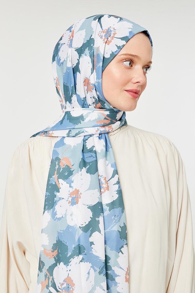 Fivescarf Mint Yeşili Büyük Çiçek Desenli Mono Şal