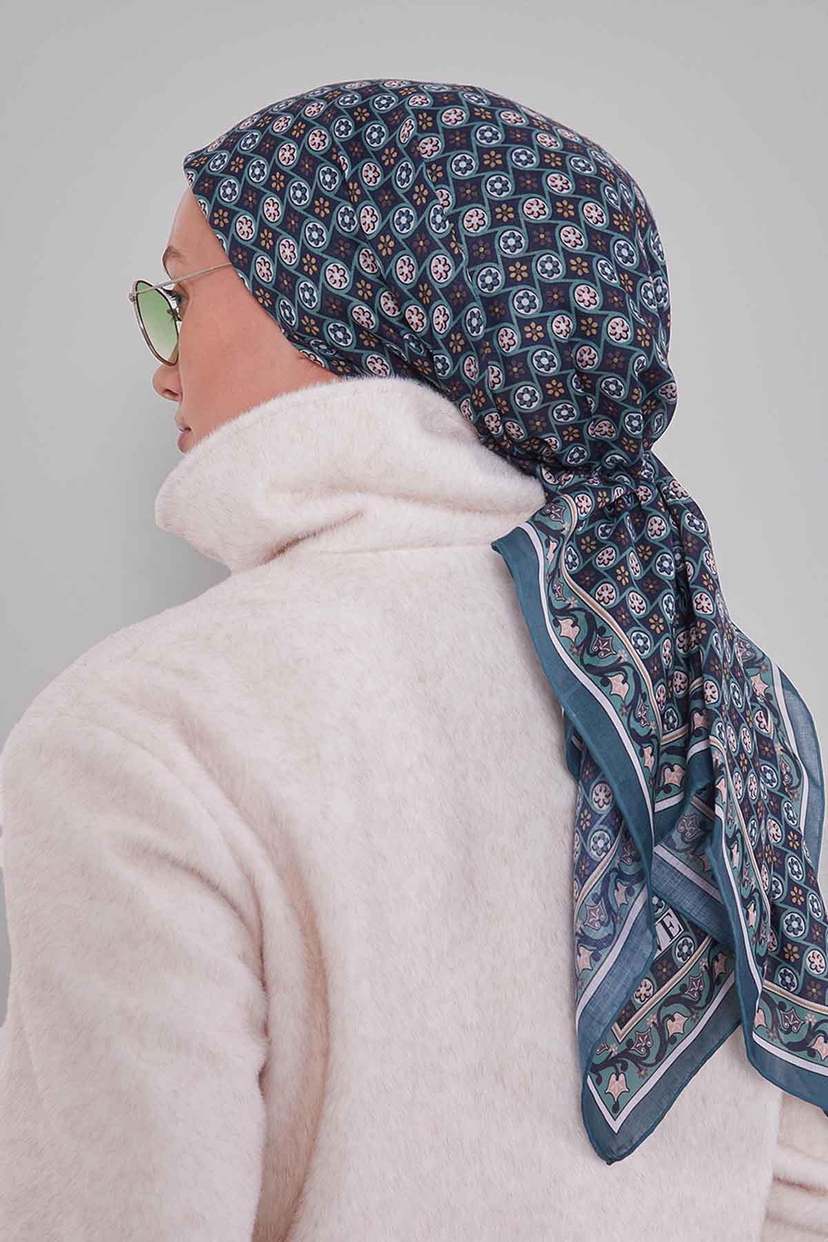 Fivescarf Mint Yeşili Papatya Desen Silk Coton Eşarp