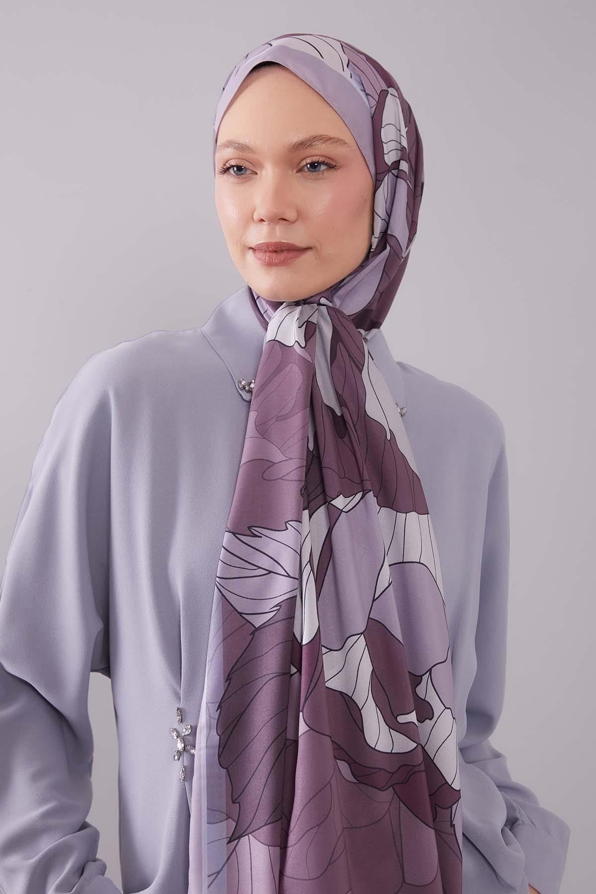 Fivescarf Mor Çiçekli Floral Desen Moos Chrep Şal