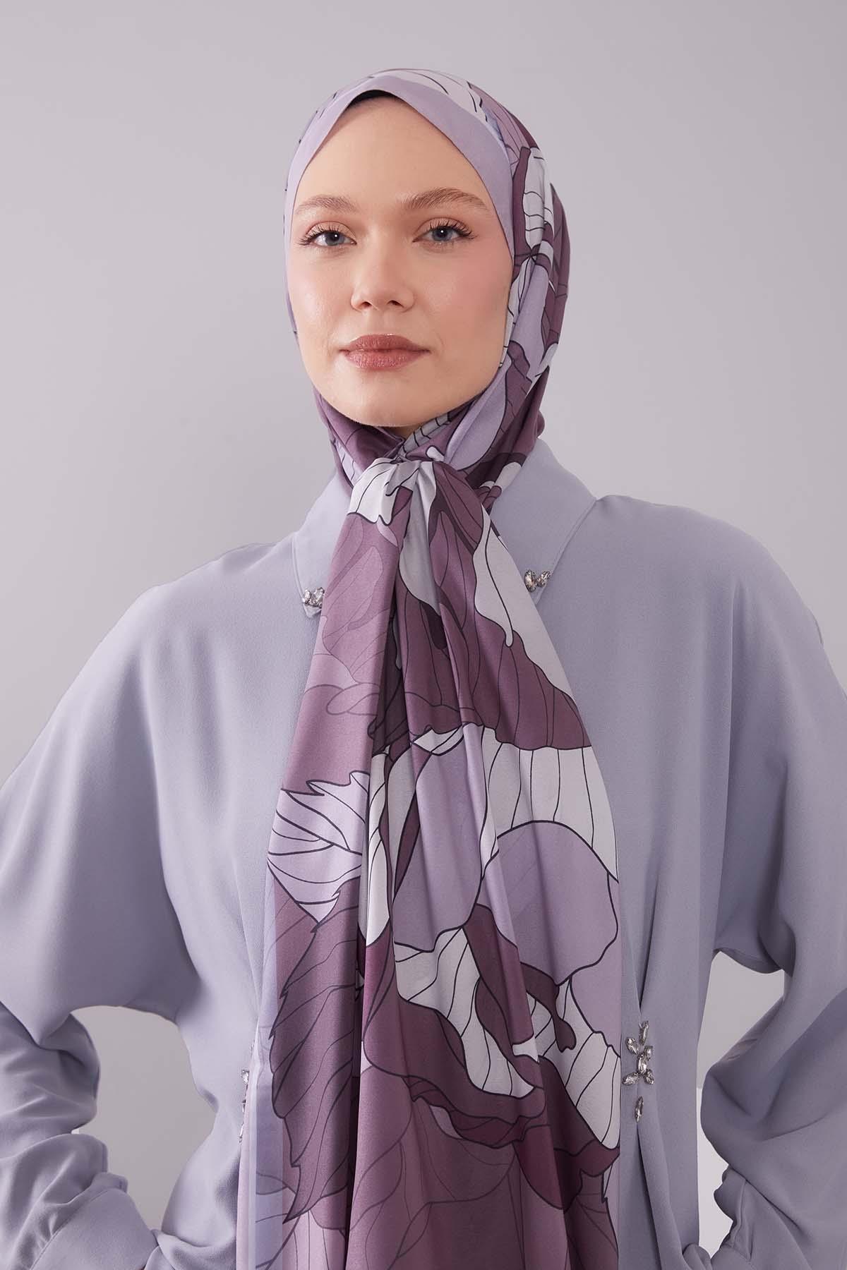 Fivescarf Mor Çiçekli Floral Desen Moos Chrep Şal