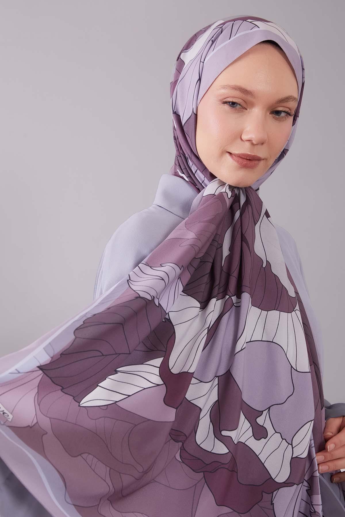 Fivescarf Mor Çiçekli Floral Desen Moos Chrep Şal