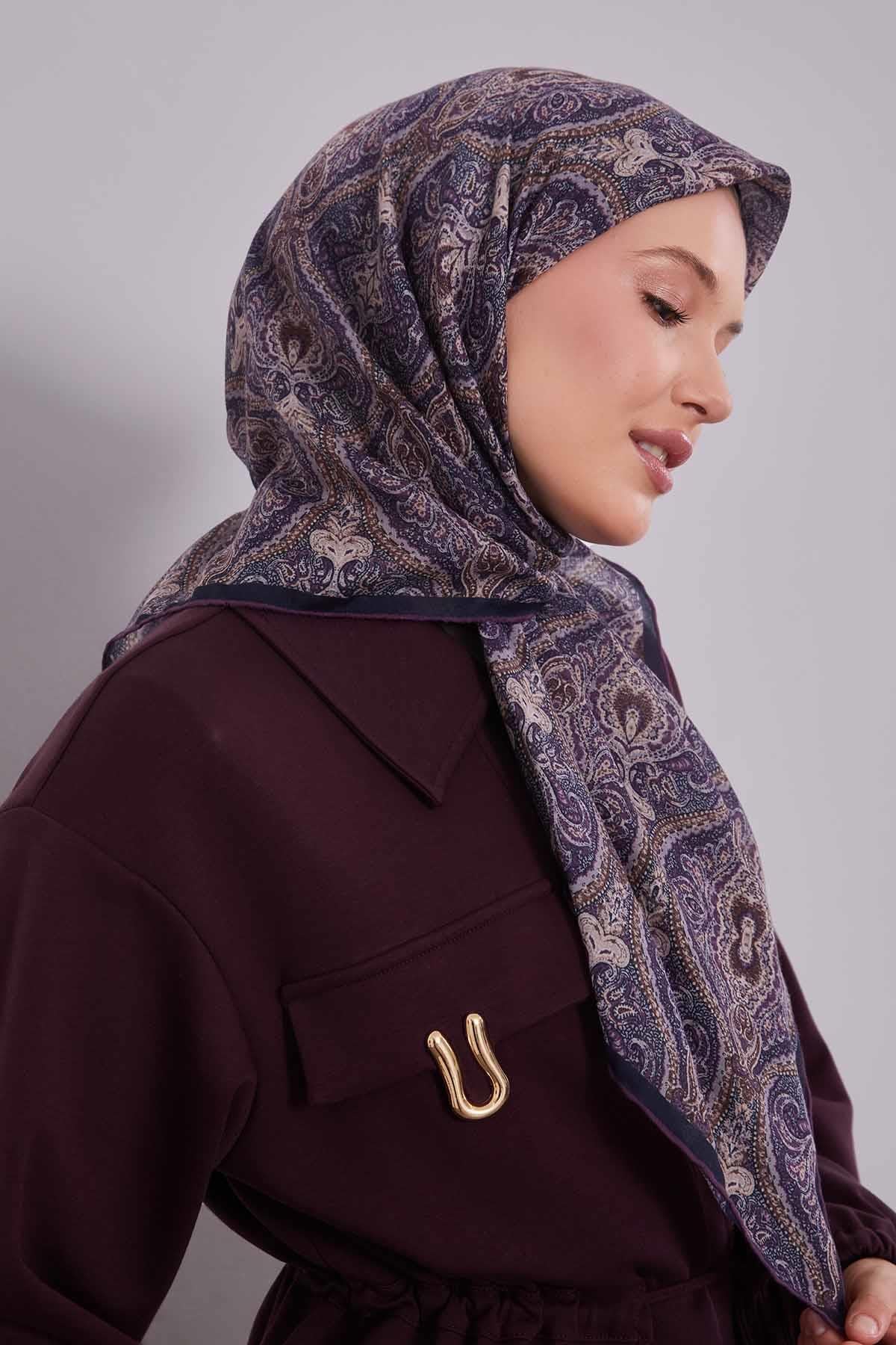Fivescarf Mor Çini Desen Silk Coton Eşarp